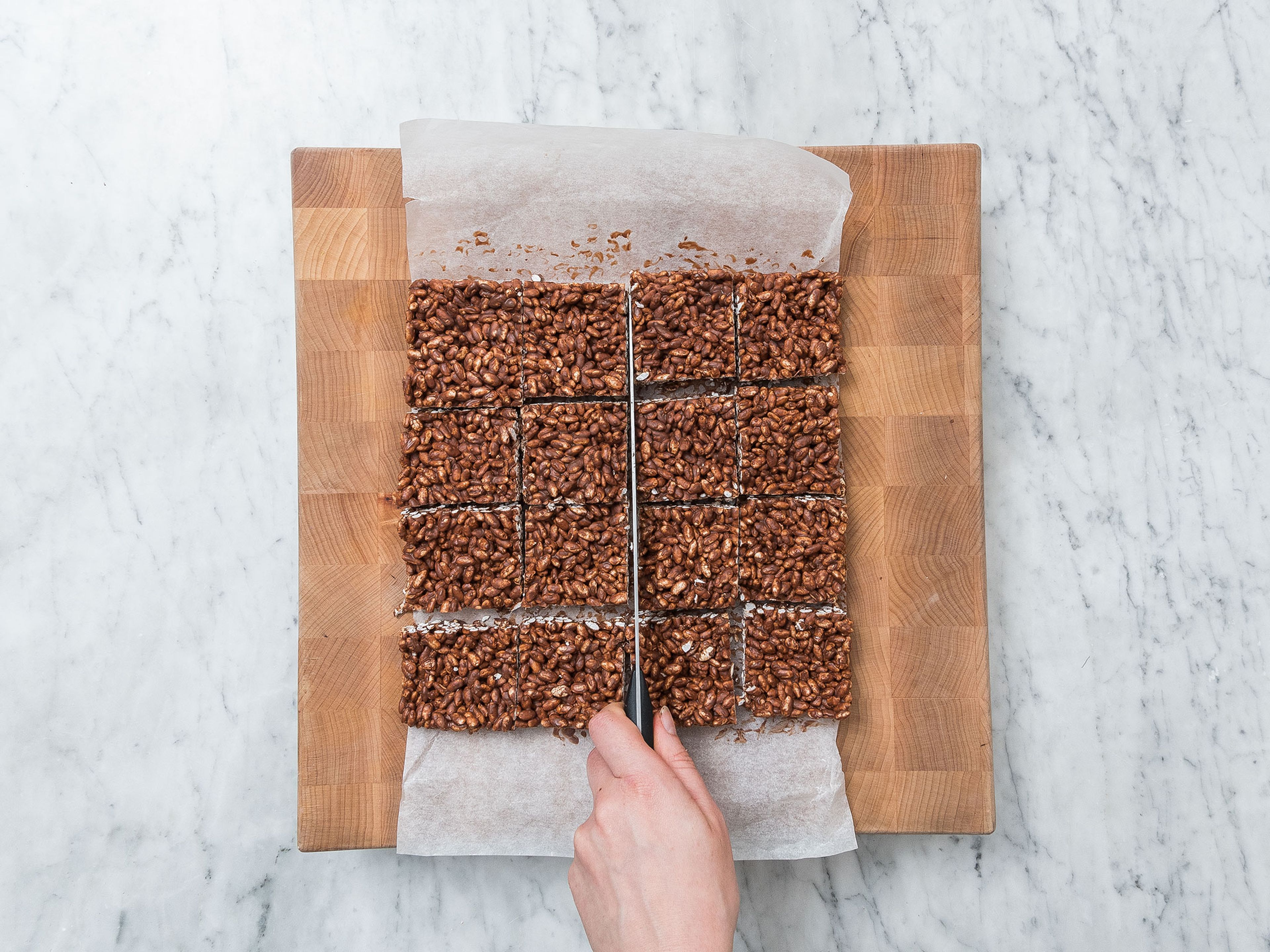 Cut cooled chocolate rice krispies into equal-sized pieces and enjoy!