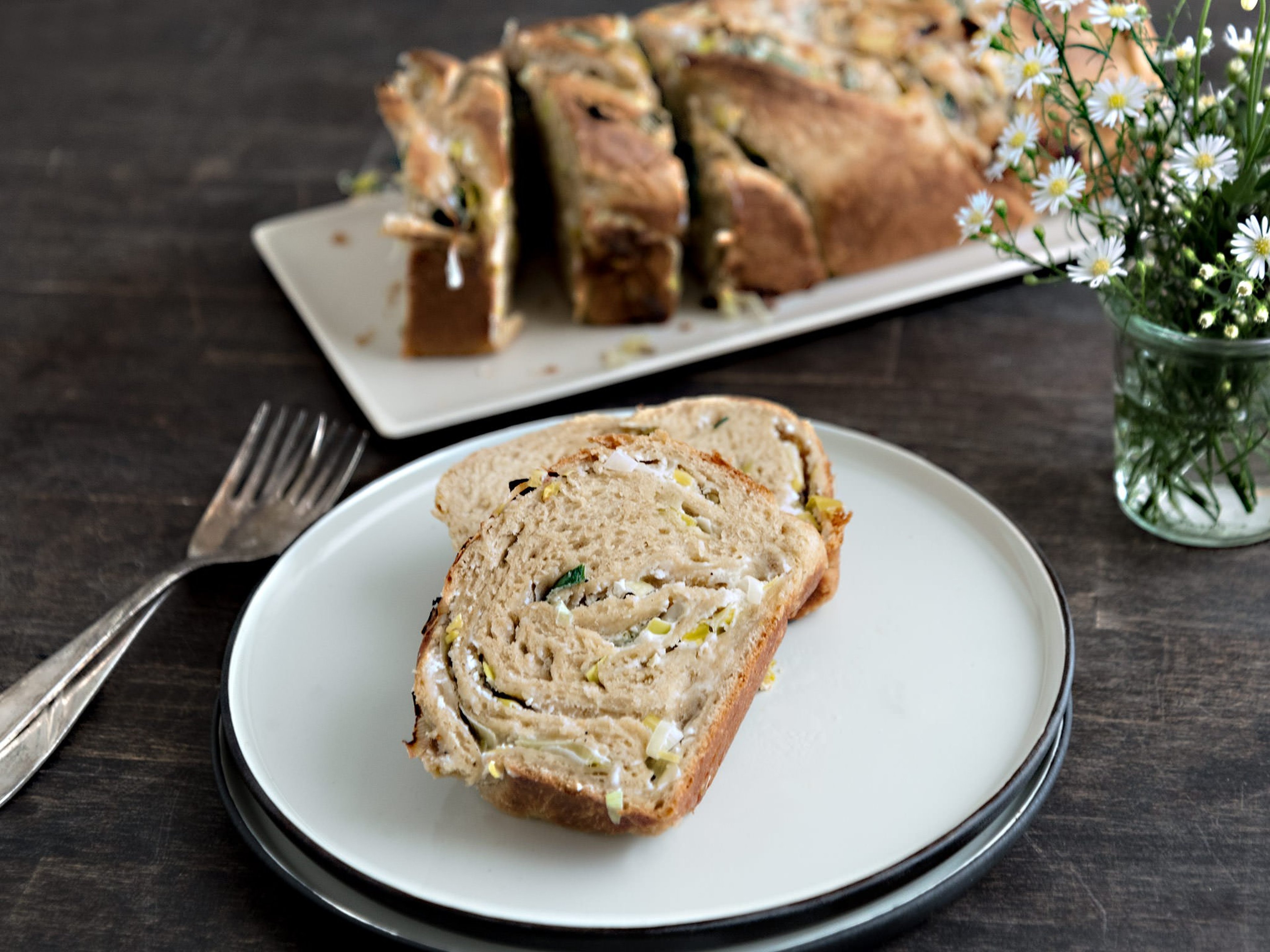 Savory babka with goat cheese and leek