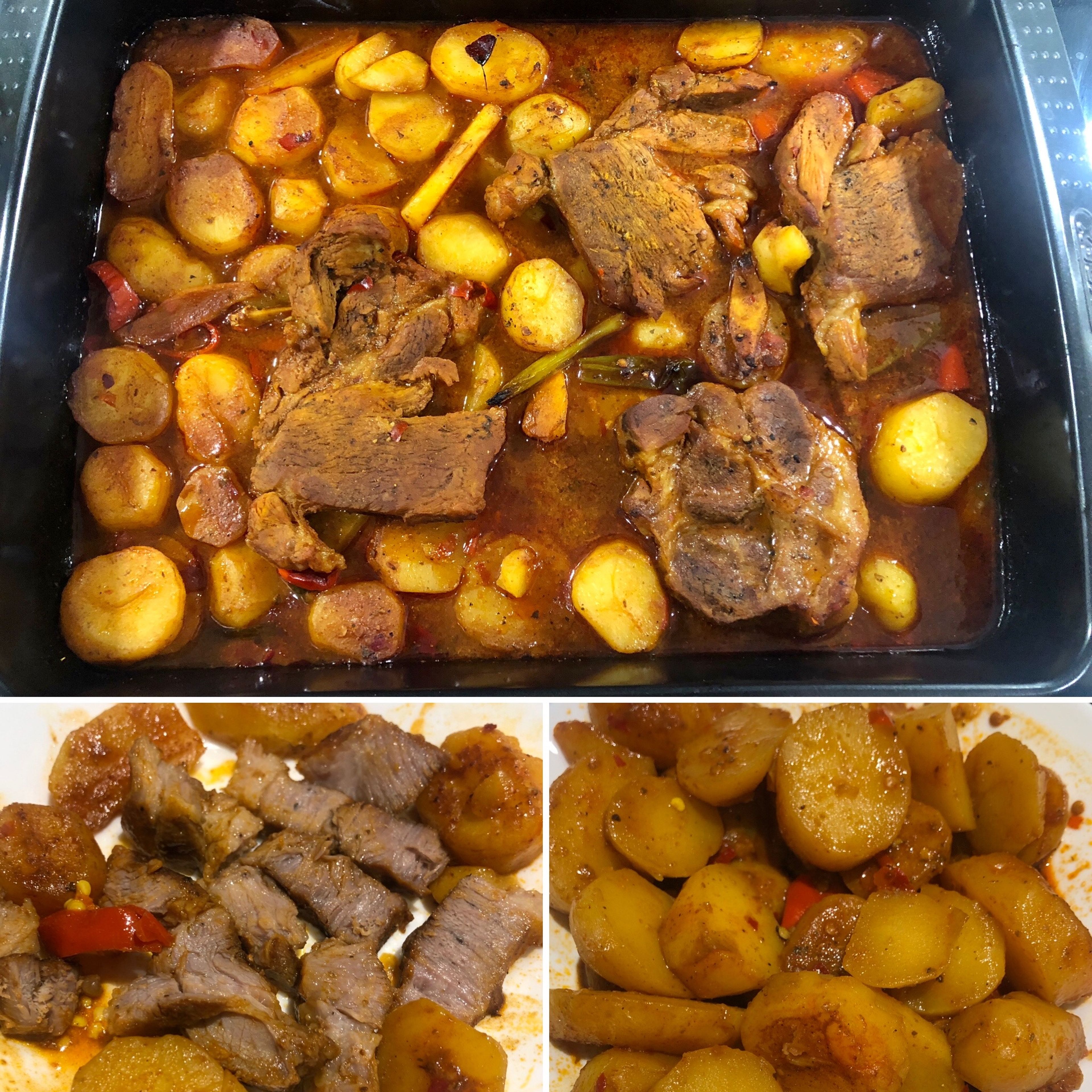 Take a deep oven pan, add marinated pork shoulders and potatoes. Roast everything in the oven for 45 mins at 190C. Rest for 15 mins then plate and serve.