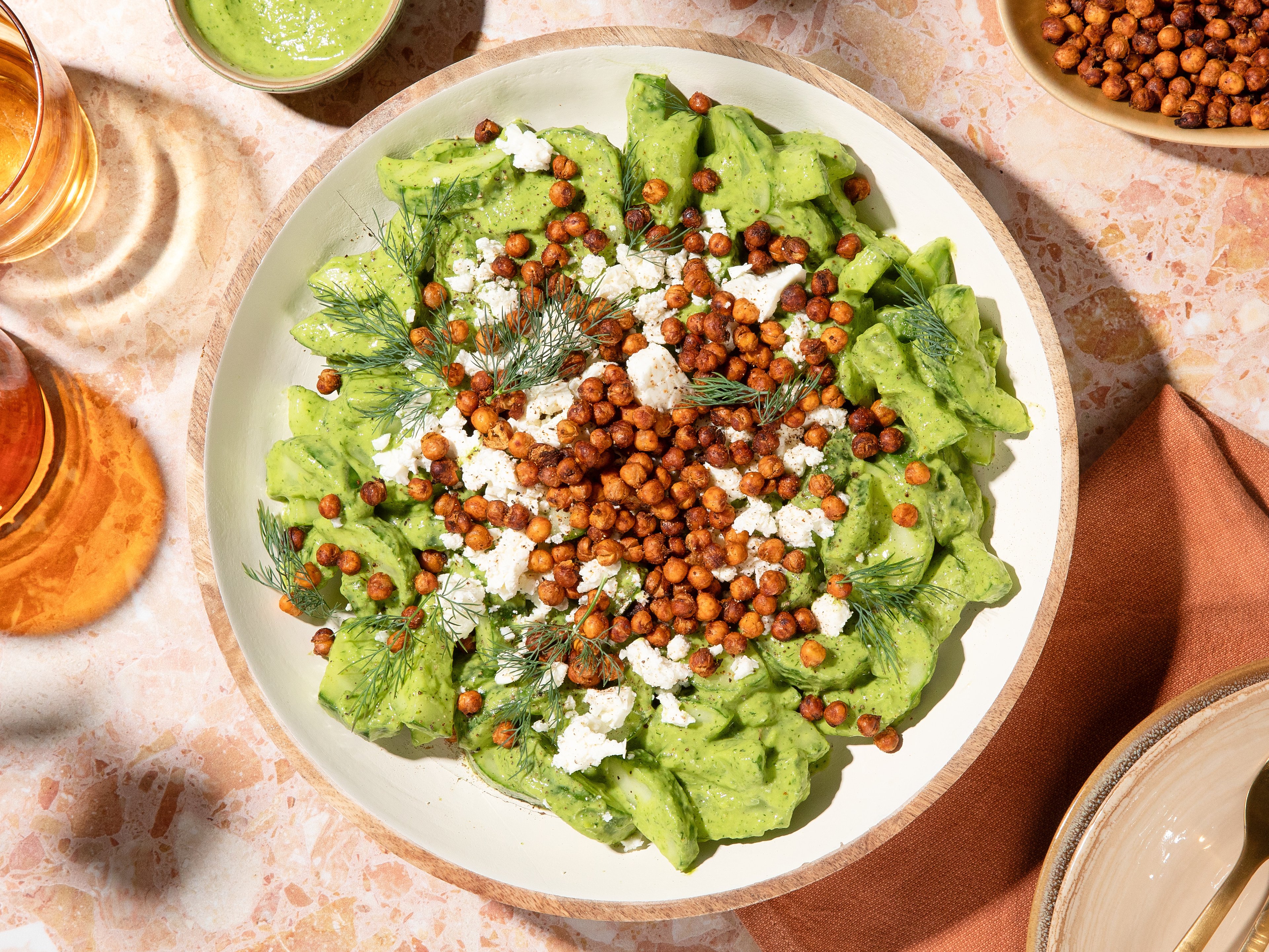Green goddess smashed cucumber salad with crispy harissa chickpeas