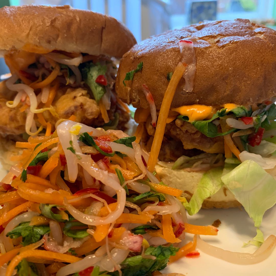 Korean Style Sour Chicken Burger with Asian Slaw