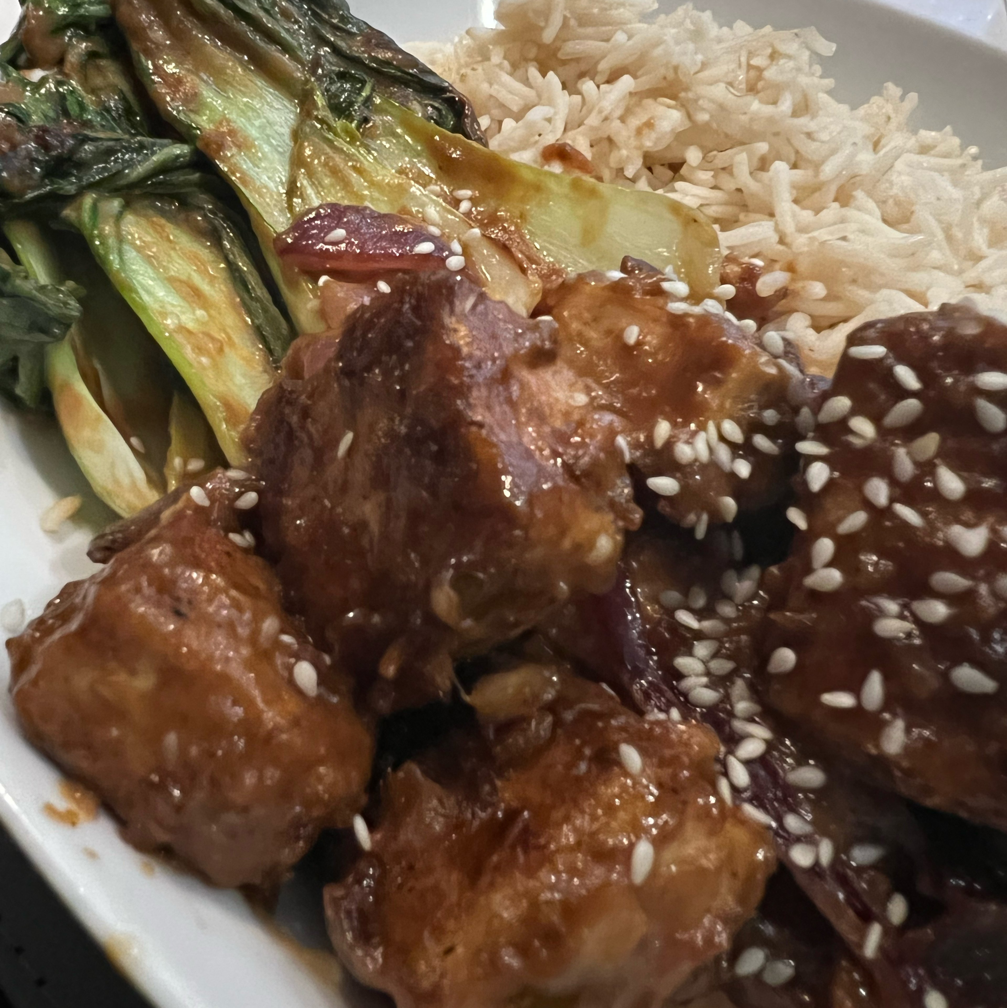 Sticky Sesame Tofu with rice and greens