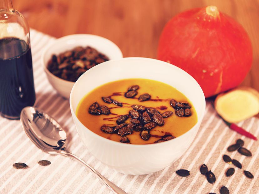 Hokkaido ginger soup with candied pumpkin seeds