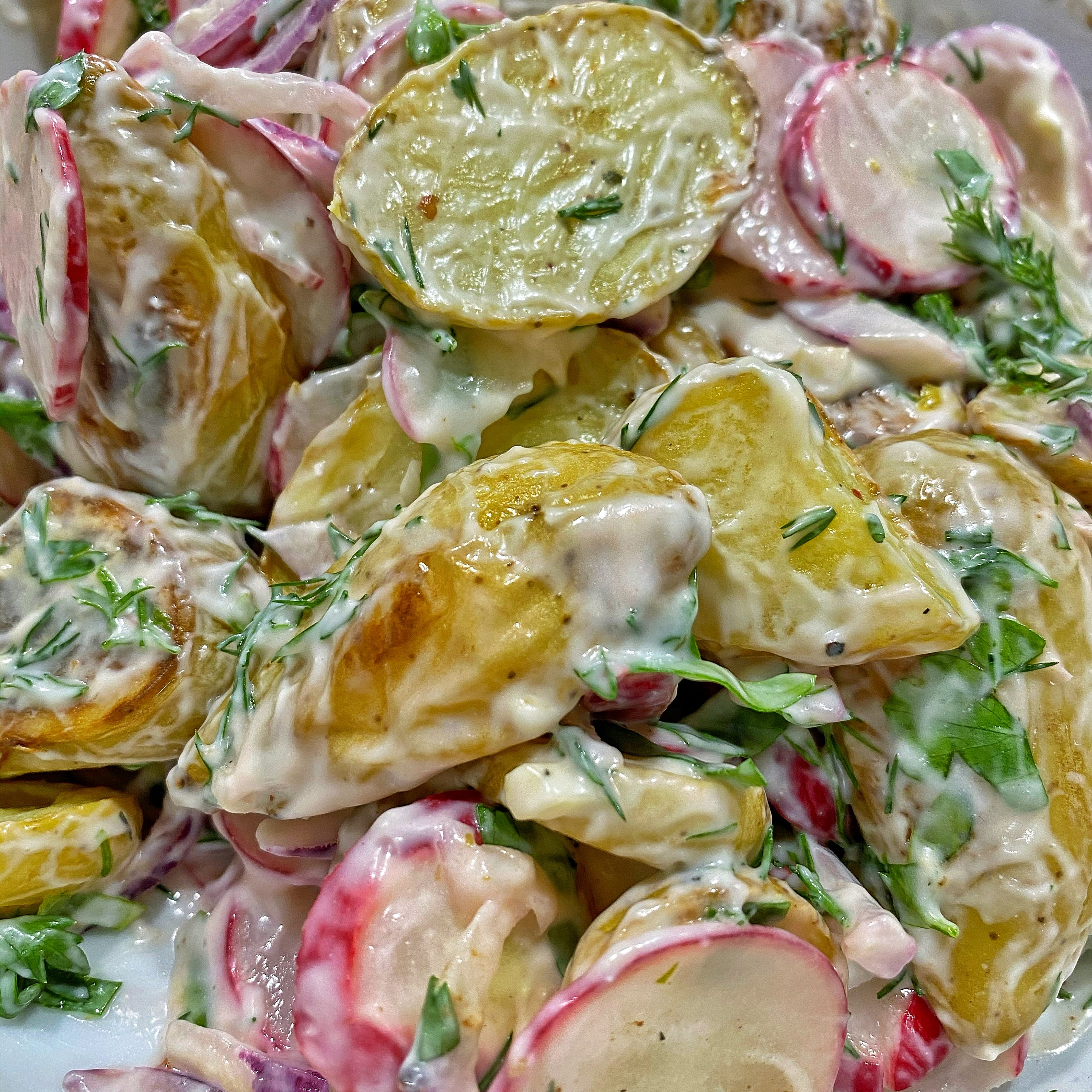 Oven roasted potato salad with herb dressing