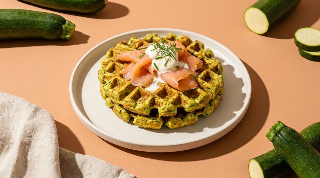 Herzhafte Zucchiniwaffeln mit Räucherlachs und Crème fraîche