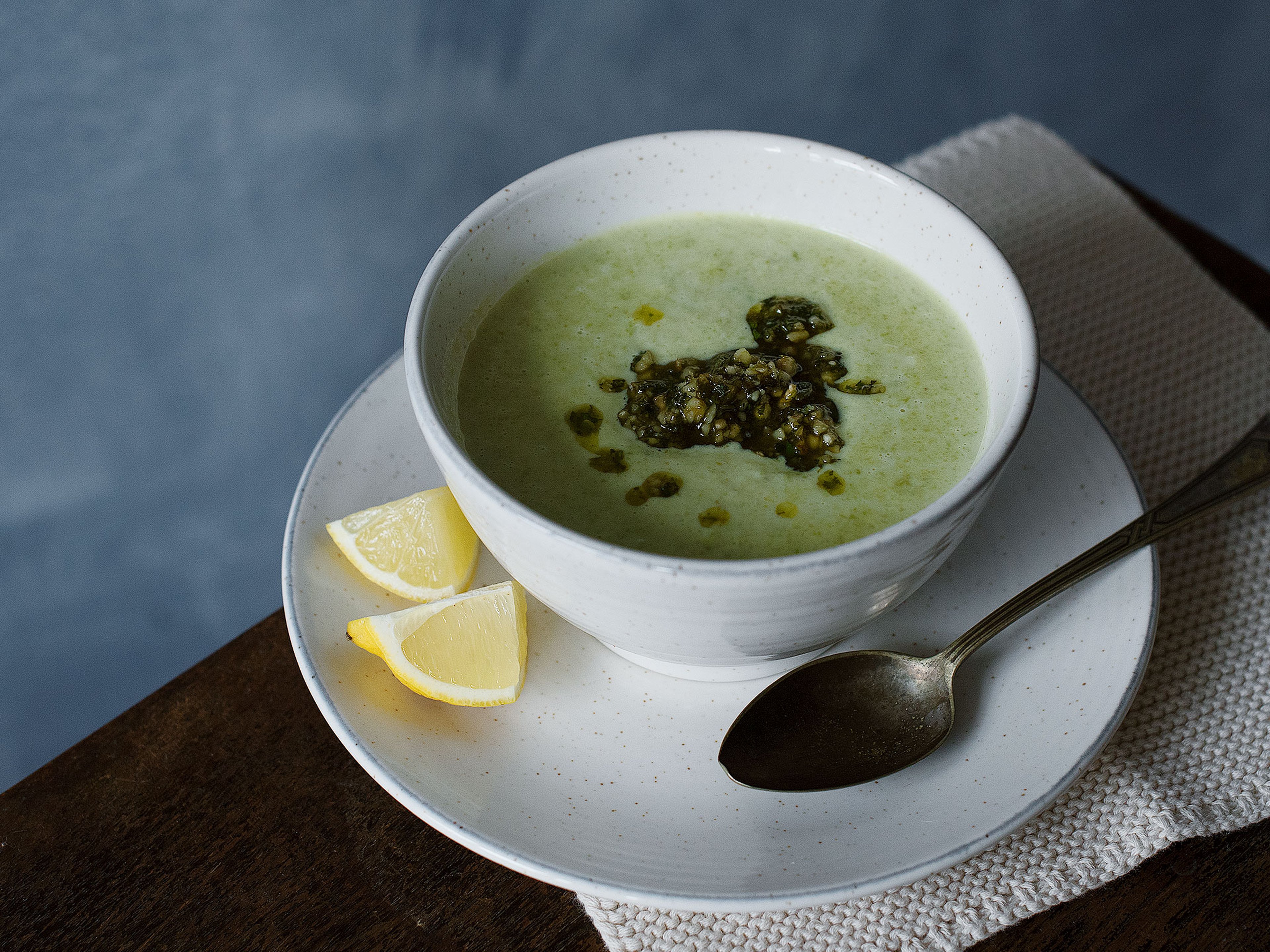 Romanesco soup with walnut-mint pesto