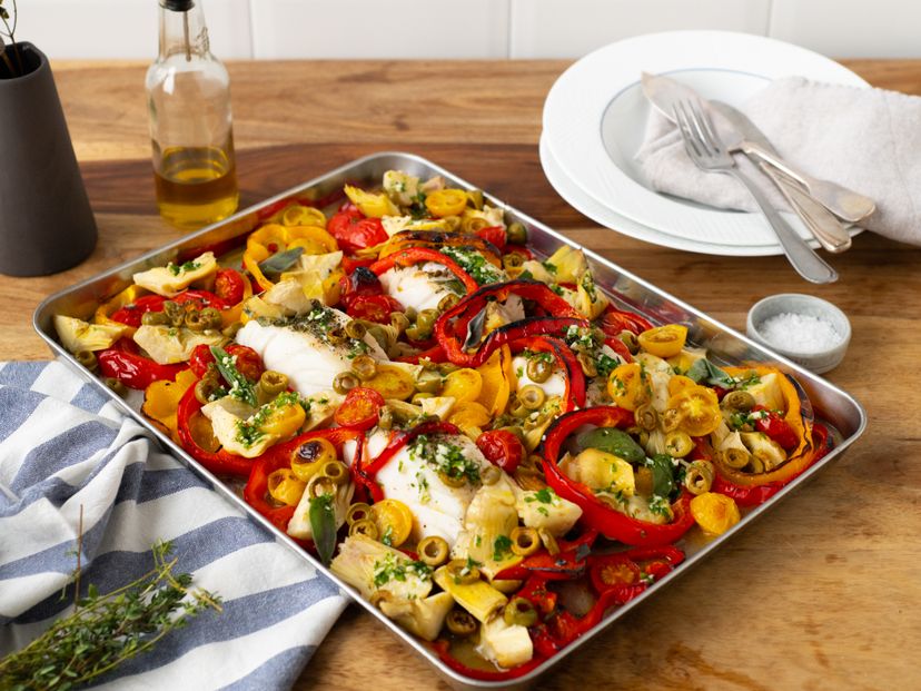 Provençal sheet pan fish with olives, tomatoes, and artichokes