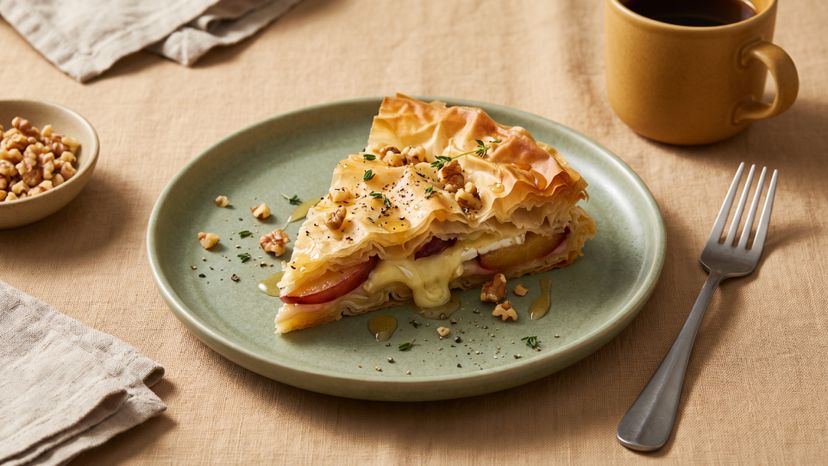 Knuspriger Filoteig trifft auf Frucht: herzhafter Crinkle-Cake mit Pflaumen und cremigem Brie