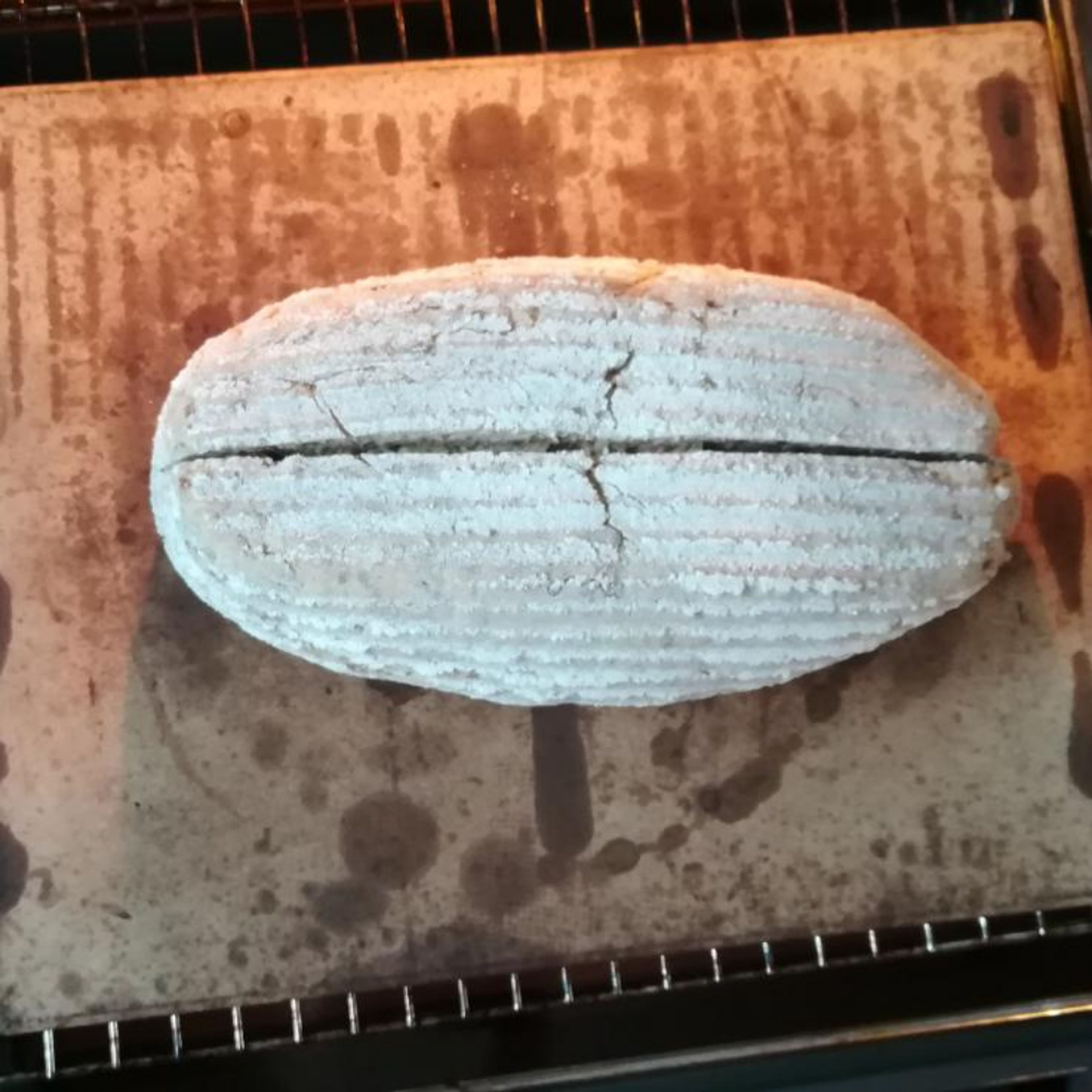 Das Brot vorsichtig auf den heißen Pizzastein (mein Stein ist schon ein älteres Model und oft in Gebrauch) stürzen und mit einem scharfen Messer einschneiden. Auf unterer Schiene erst 10 Minuten bei 250 °C vorbacken, dann 50 Minuten bei 180 °C ausbacken.