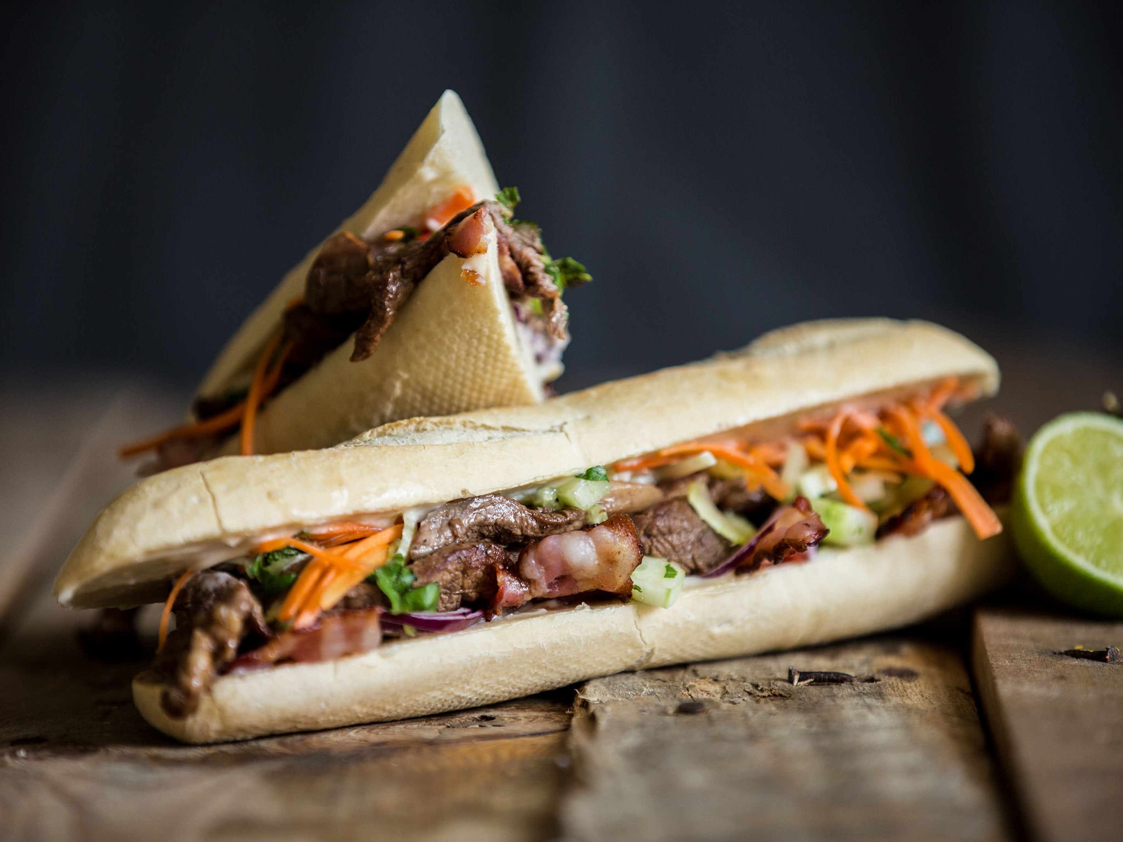 Beef banh mi with fresh cilantro