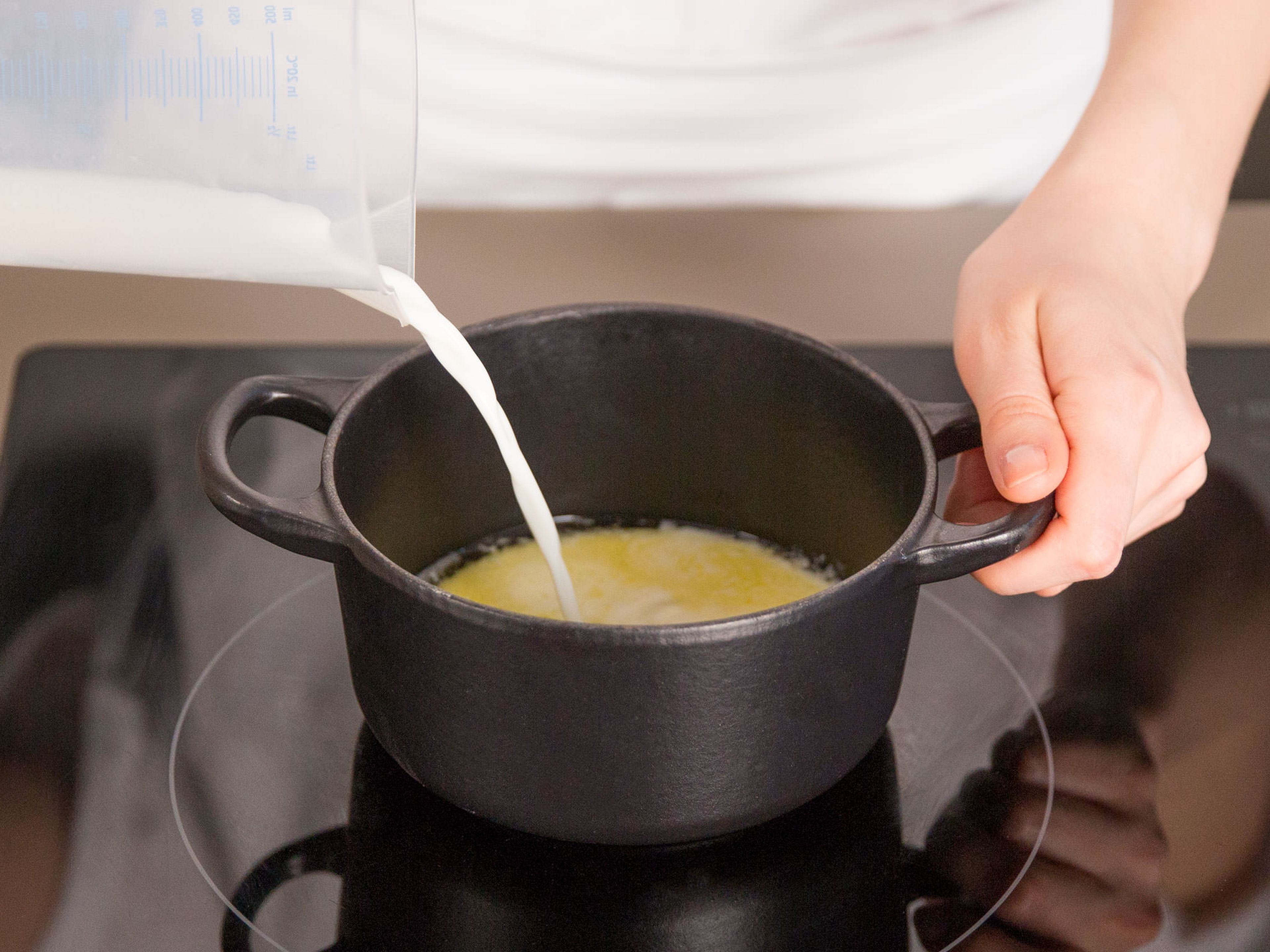 In a small saucepan, heat up butter and milk over medium-low heat.