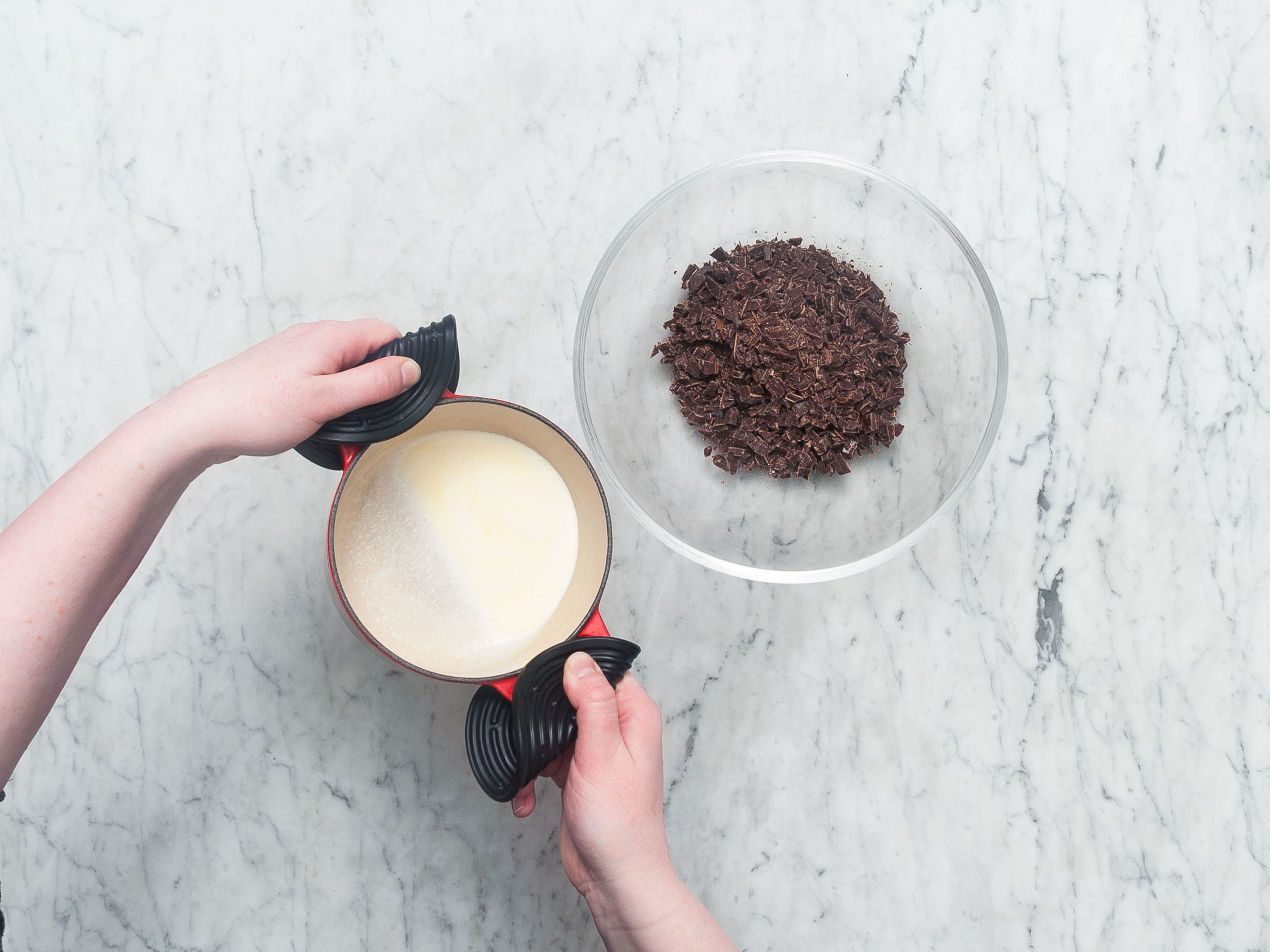 Chop chocolate and add to a bowl. Scald cream in a small saucepan and pour over chopped chocolate. Stir to combine, then let cool at room temperature.