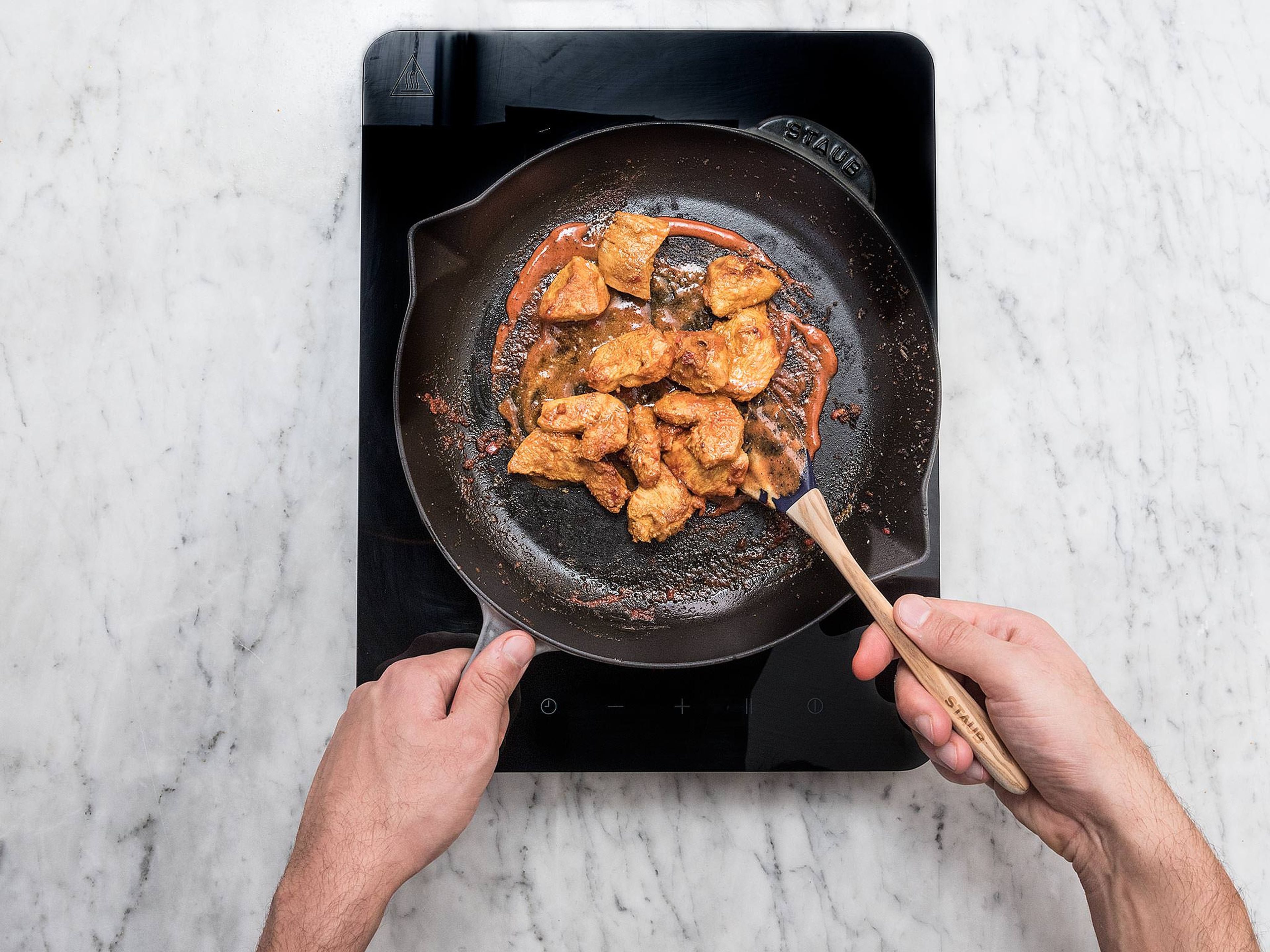 Heat oil in a pan over medium-high heat and sauté the marinated chicken for approx. 3 – 4 min. until cooked through. Remove chicken from pan.