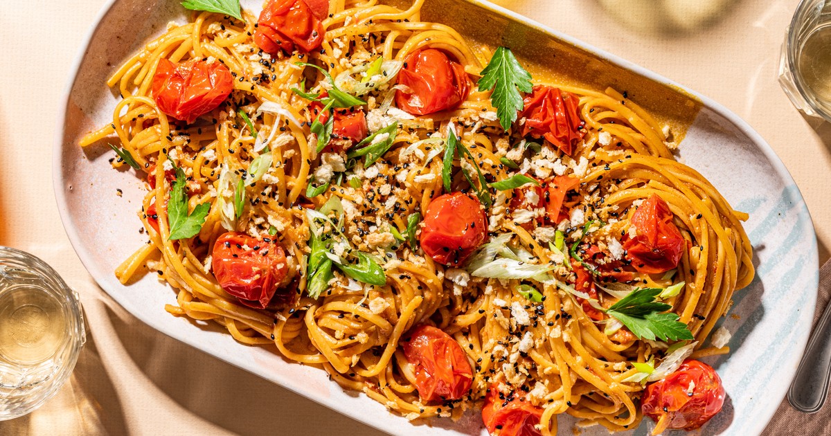 Burst cherry tomato and miso pasta with sesame crunch | Recipe ...