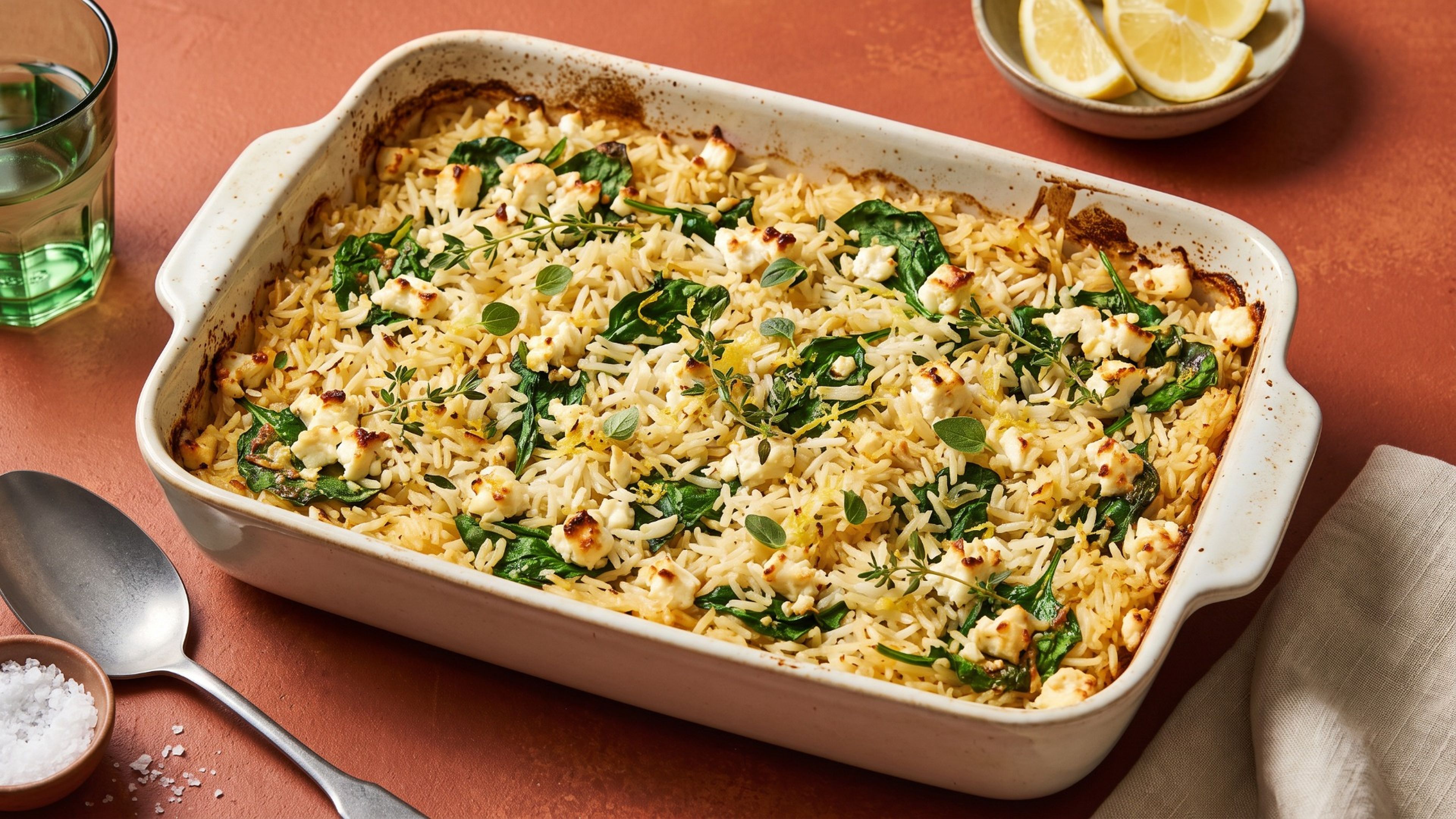 Ofengebackener Zitronenreis mit Spinat und cremigem Feta