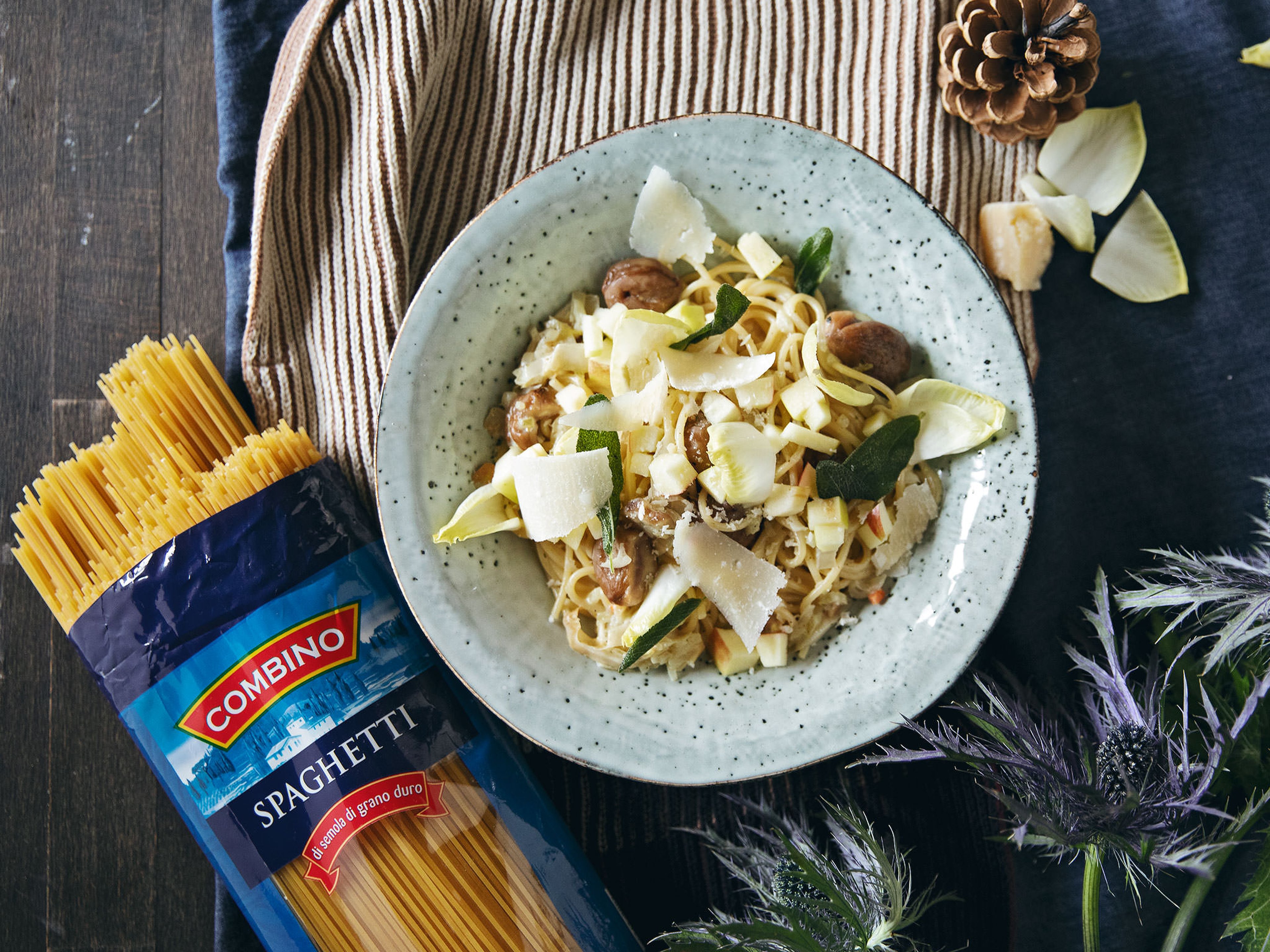 Creamy winter spaghetti with chestnuts, endive, and apple