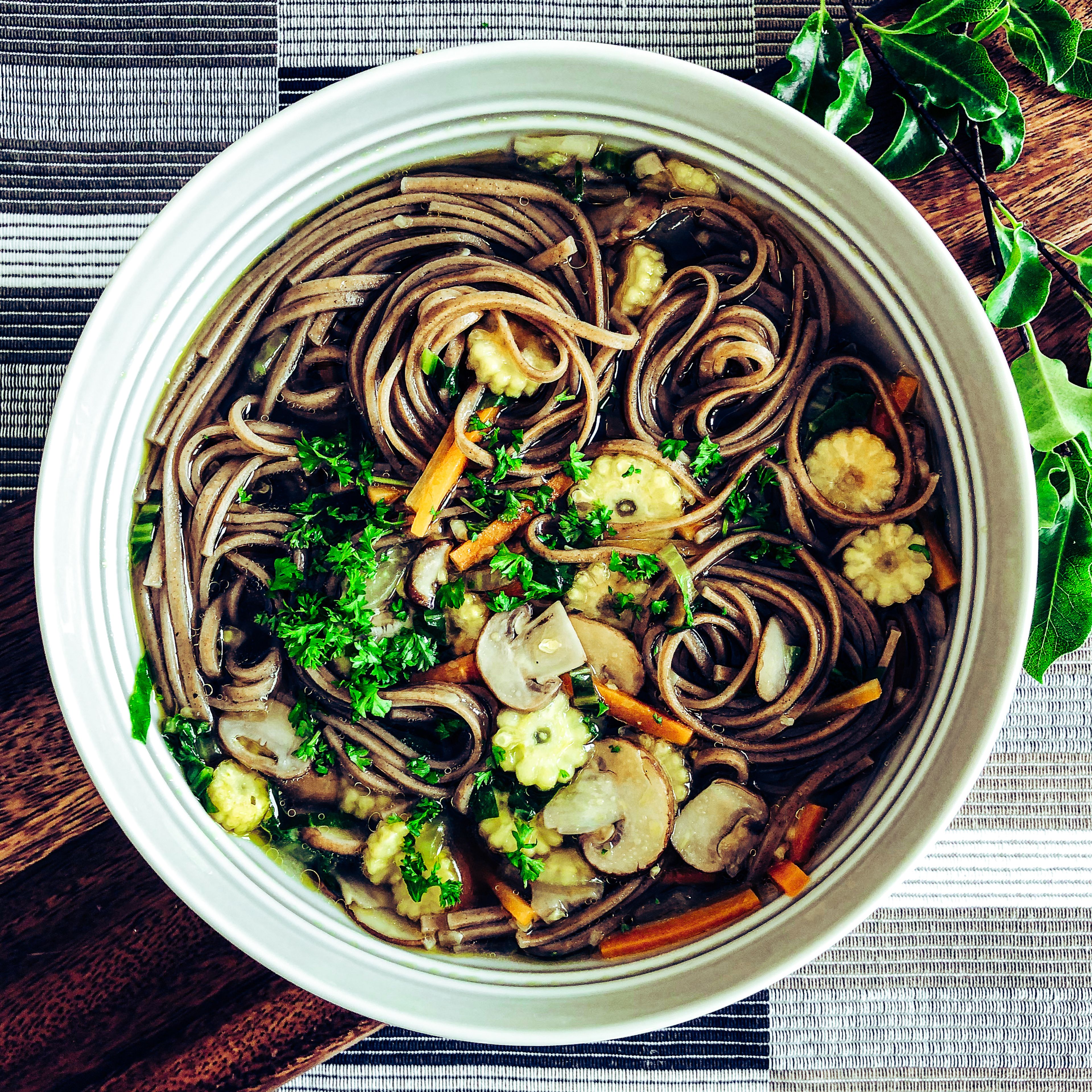 Chestnut mushroom & buckwheat noodle soup