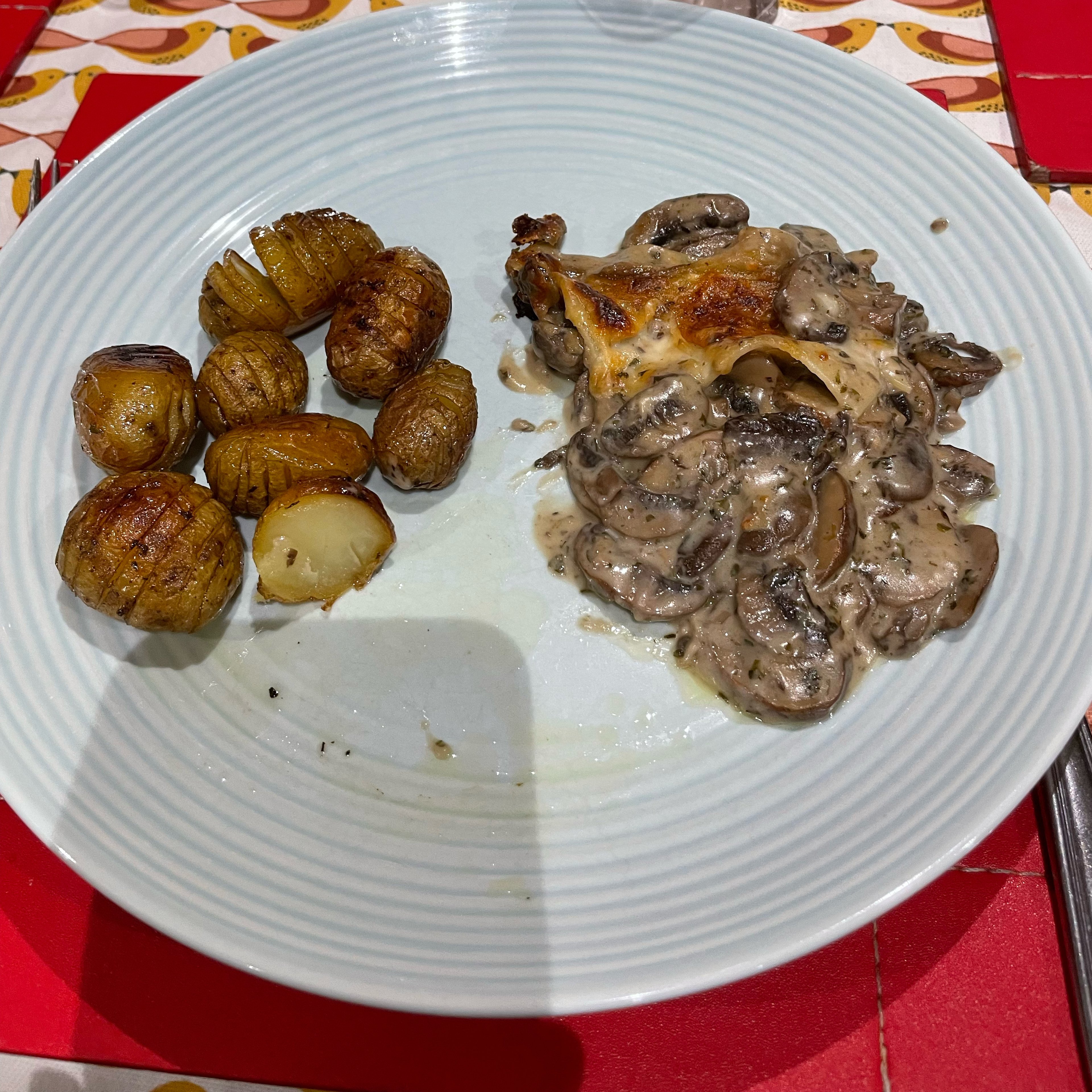 Mushroom Gratin Lasagna and Roasted Hasselback Potatoes