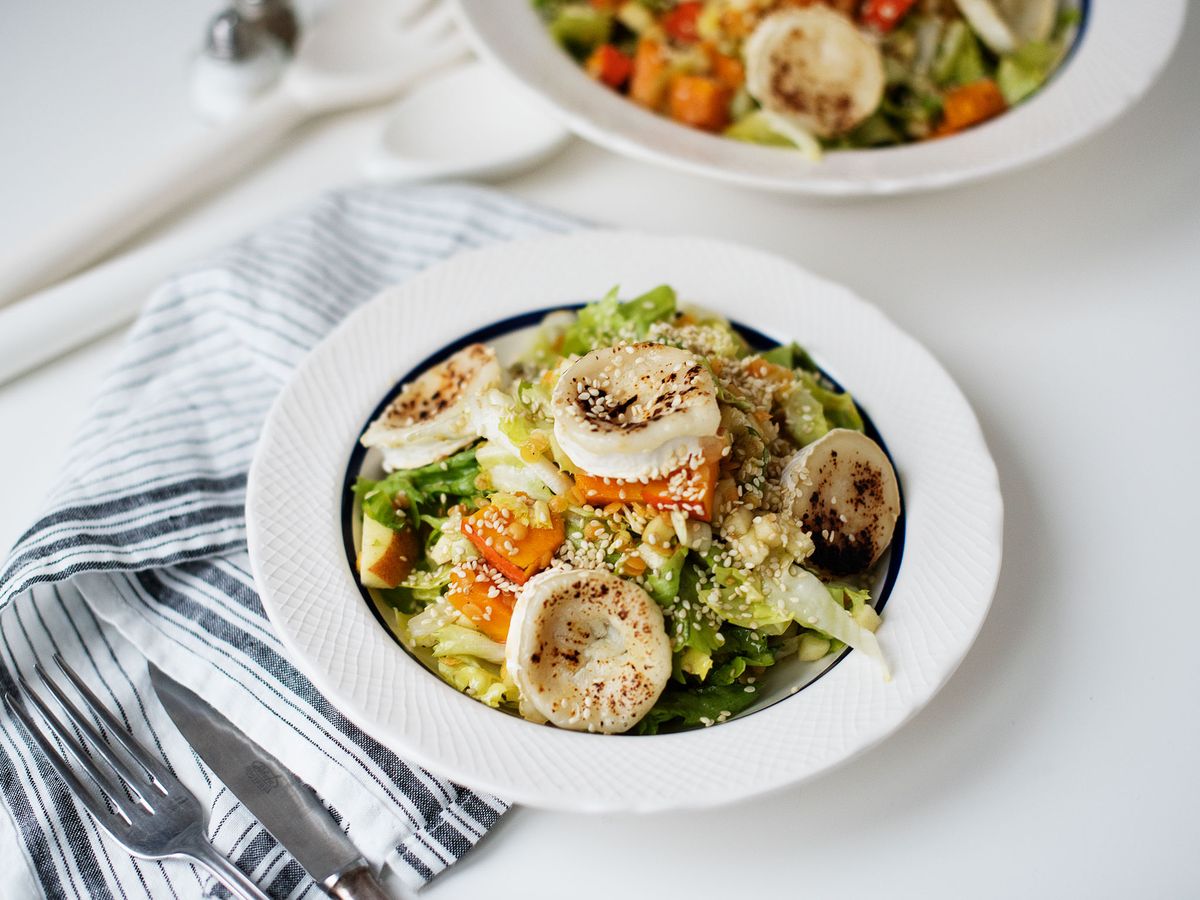 Endive salad with caramelized goat cheese, pumpkin, and lentils | Recipe | Kitchen Stories