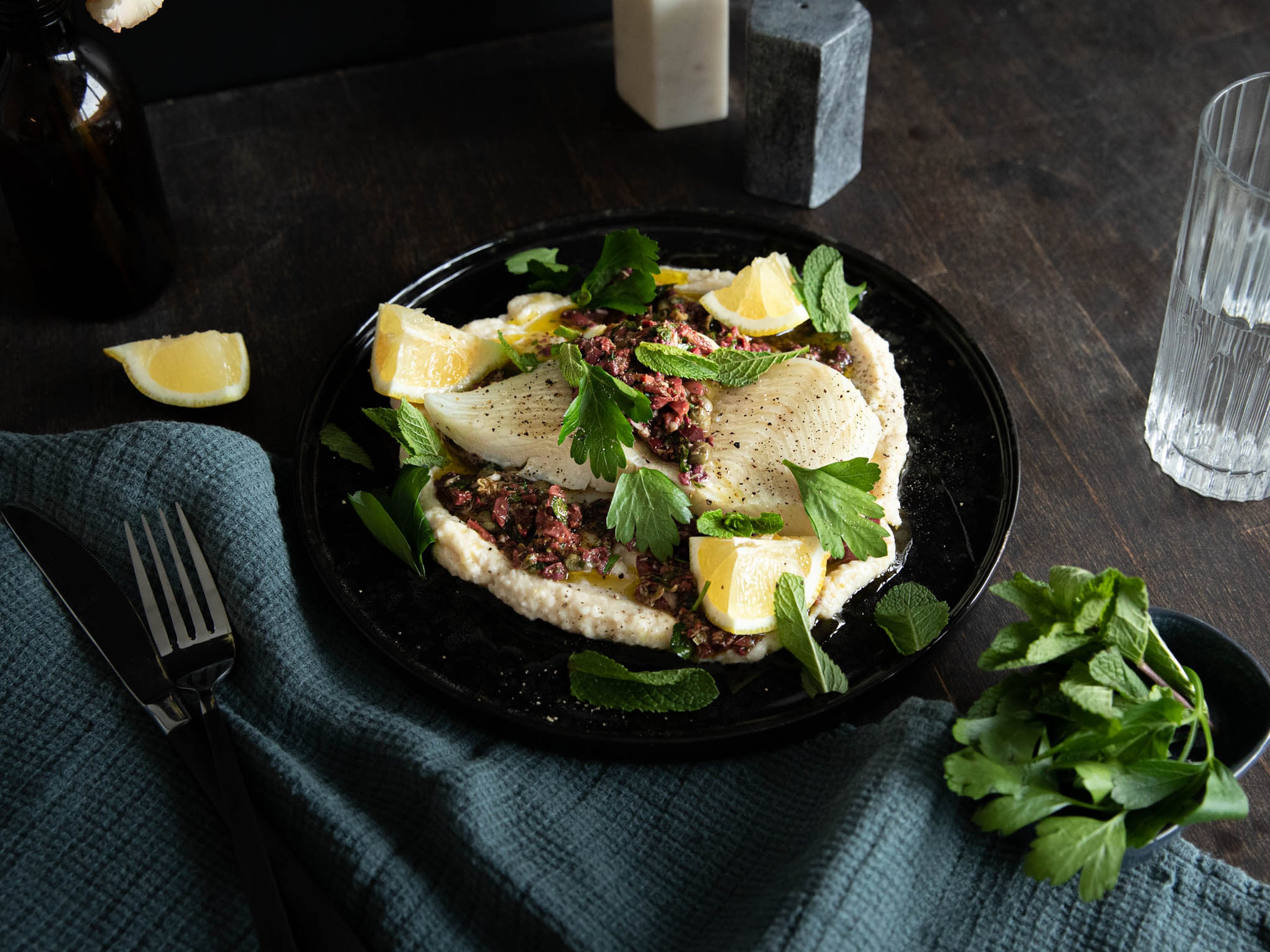 Steamed halibut with parsnip purée and olive-caper gremolata