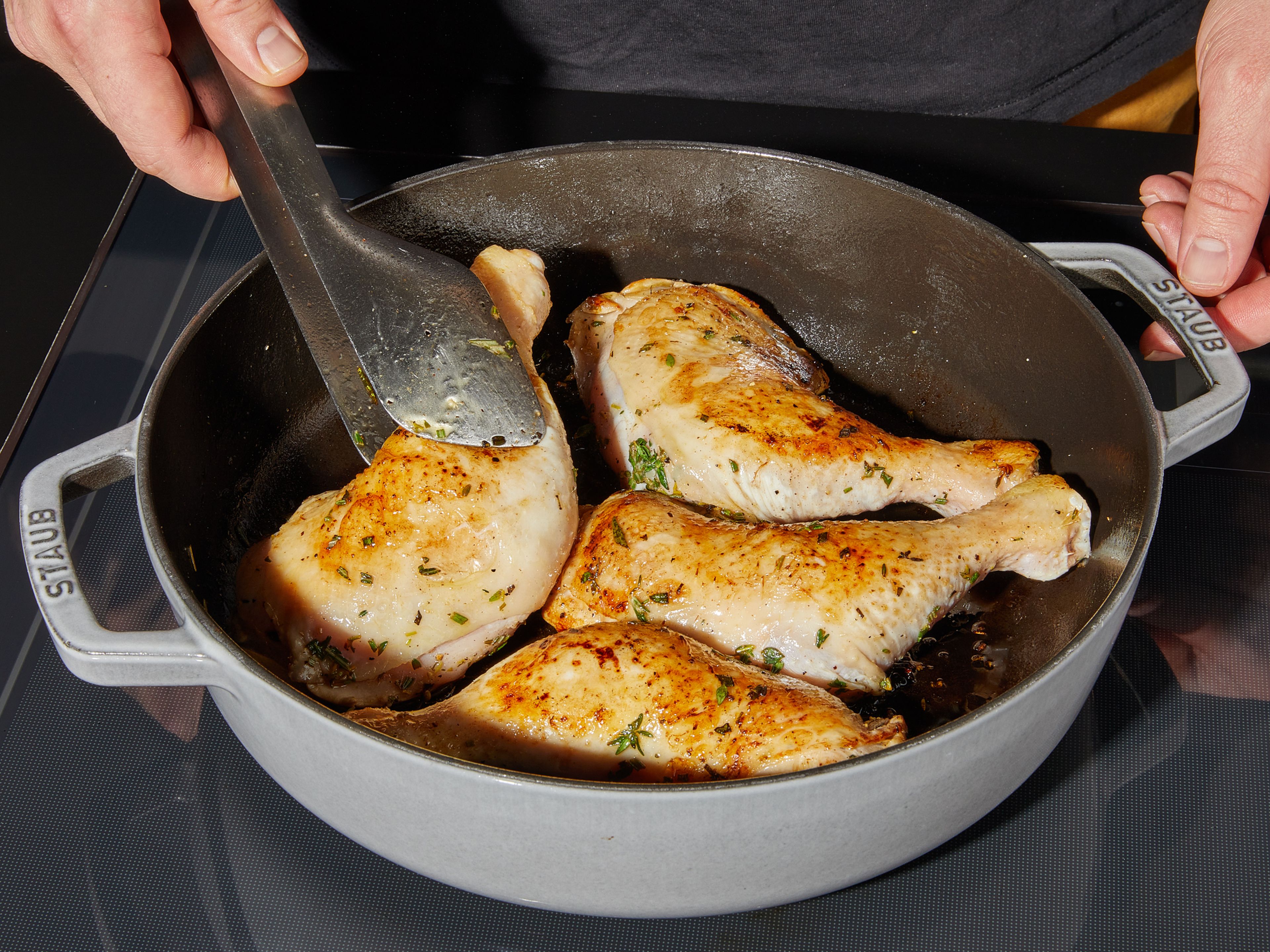 Preheat the oven to 180°C/350°F. In an ovenproof pan, sear chicken legs on both sides until golden brown then remove and set aside.