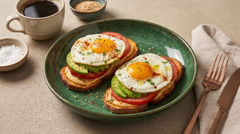 Ersetze dein Toastbrot durch Süßkartoffel: Belegt wird mit Hummus, Avocado und Spiegelei