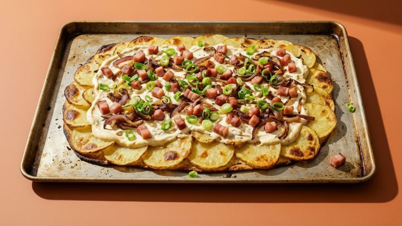 Knuspriger Kartoffel-Flammkuchen mit Speck und Schmand