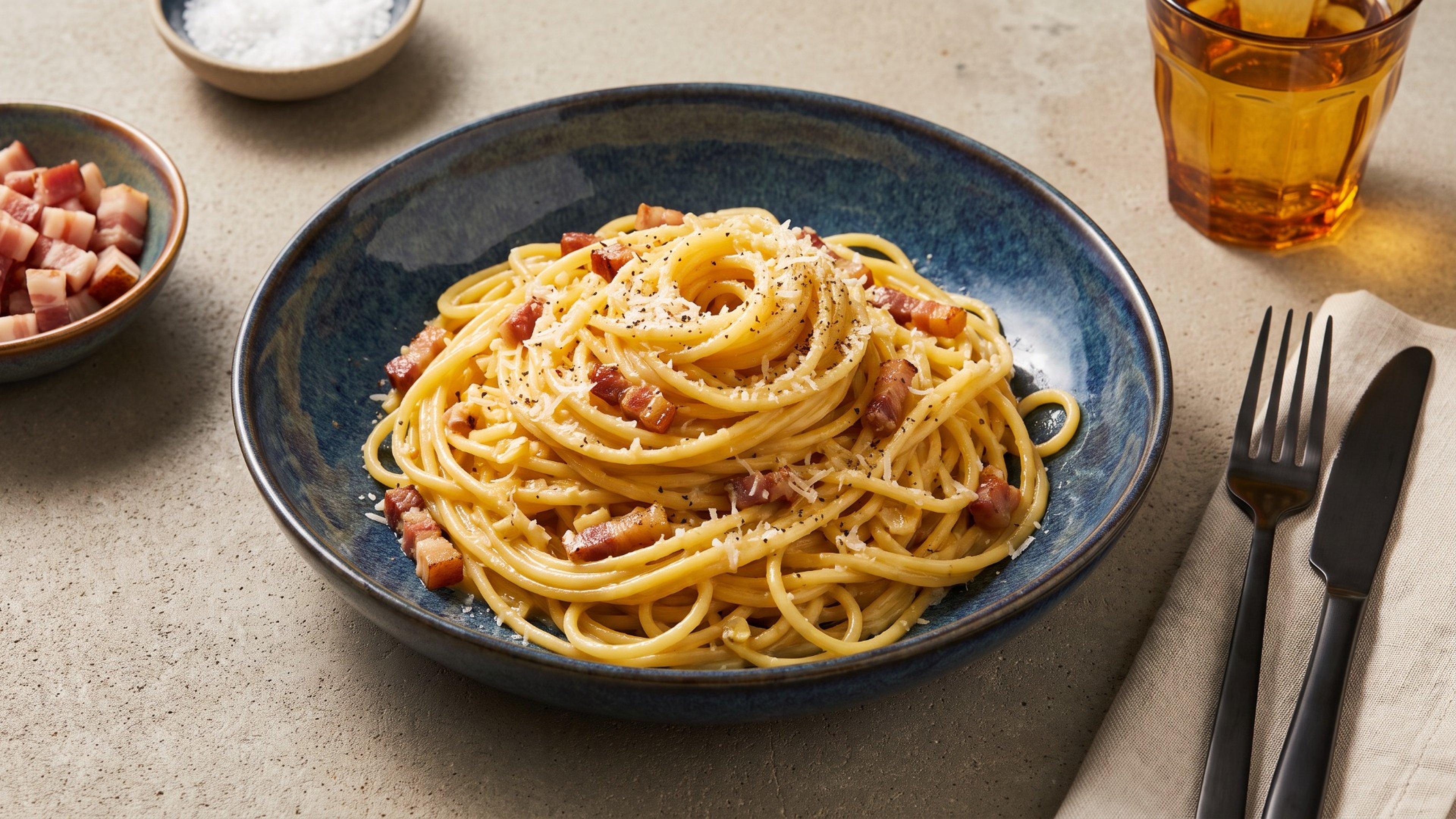 Intensive Knoblauch-Carbonara mit knusprigem Guanciale