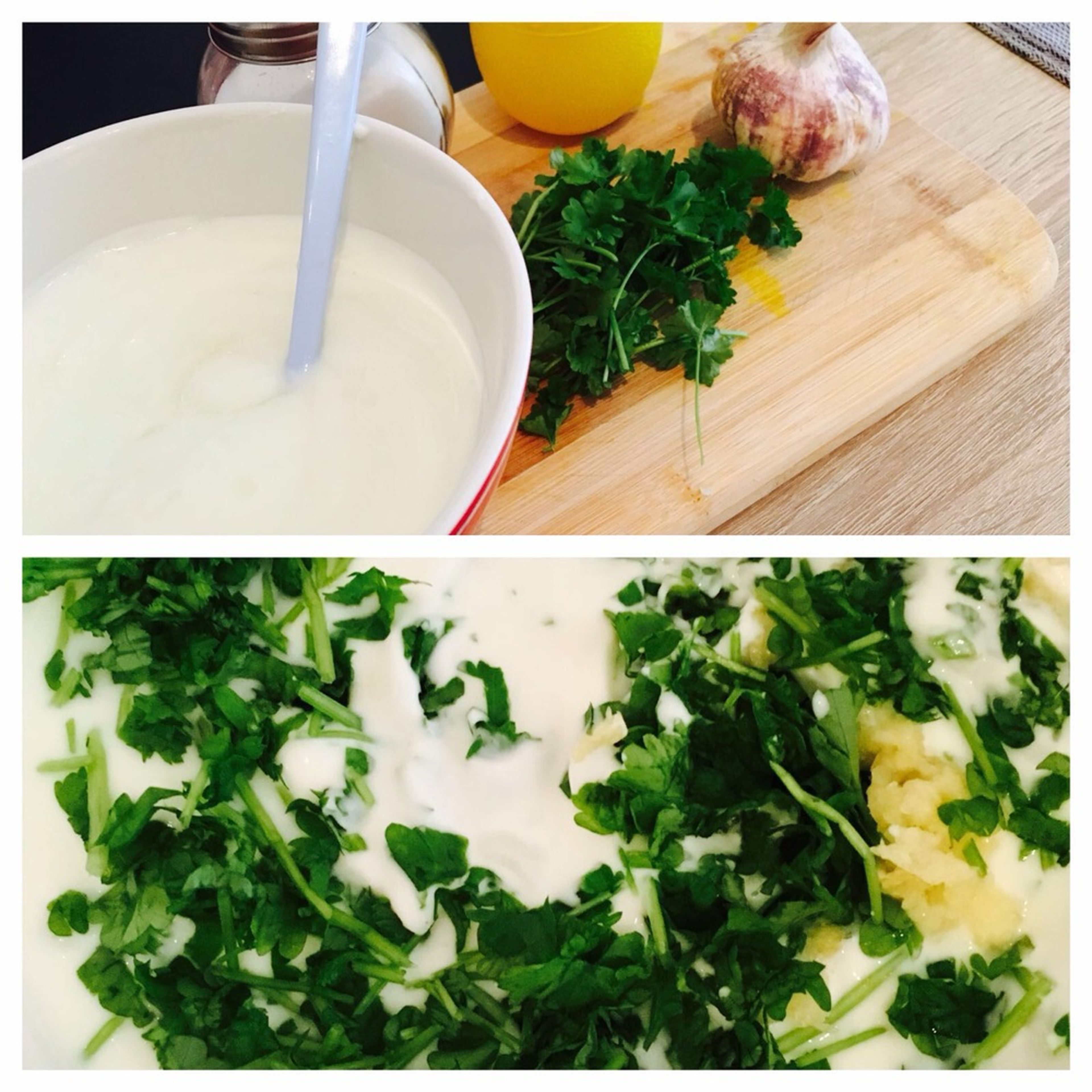 For the sauce, combine yogurt, salt, lemon juice, garlic (chopped) and parsley (chopped).