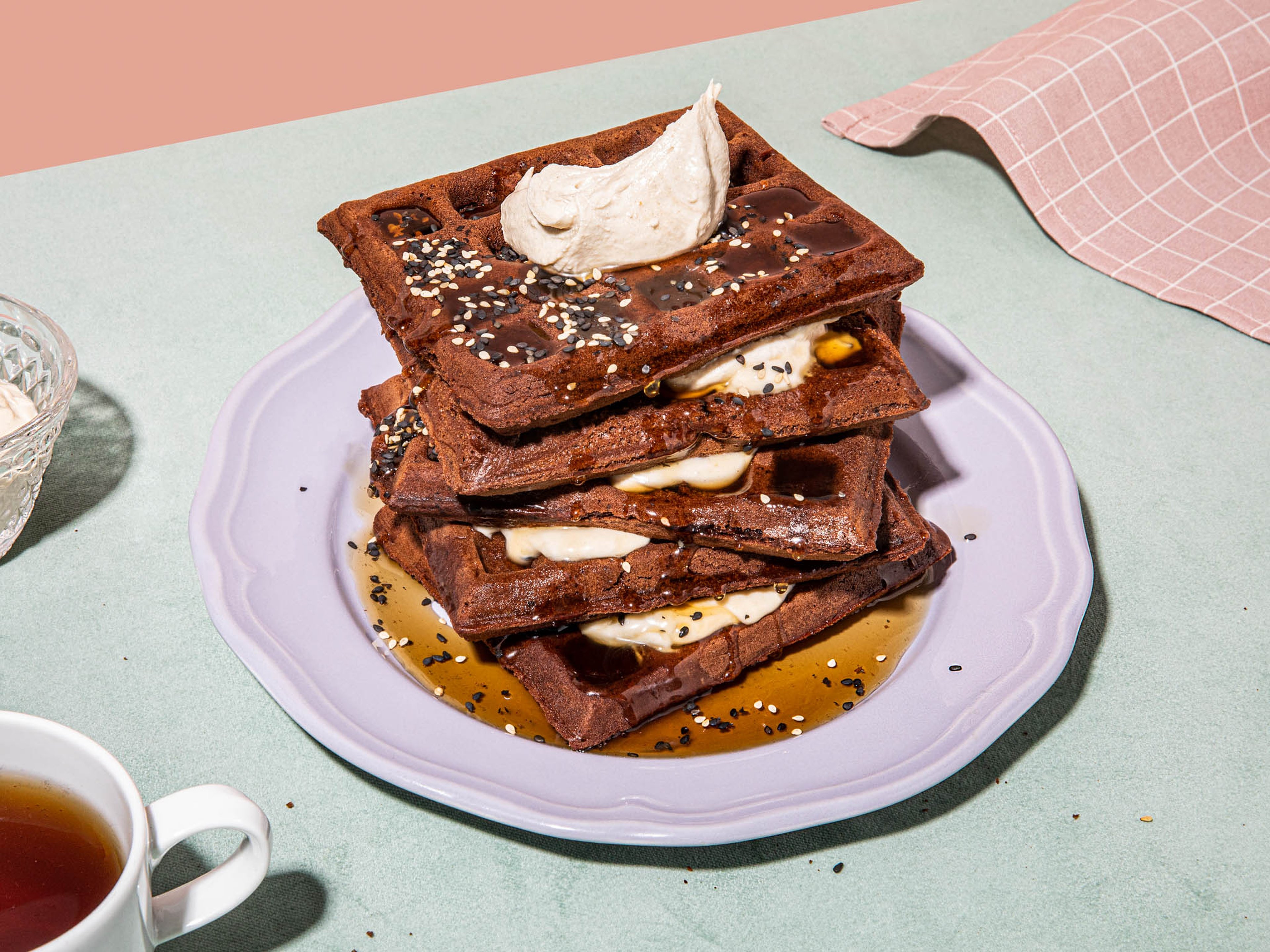 Chocolate waffles with tahini cream