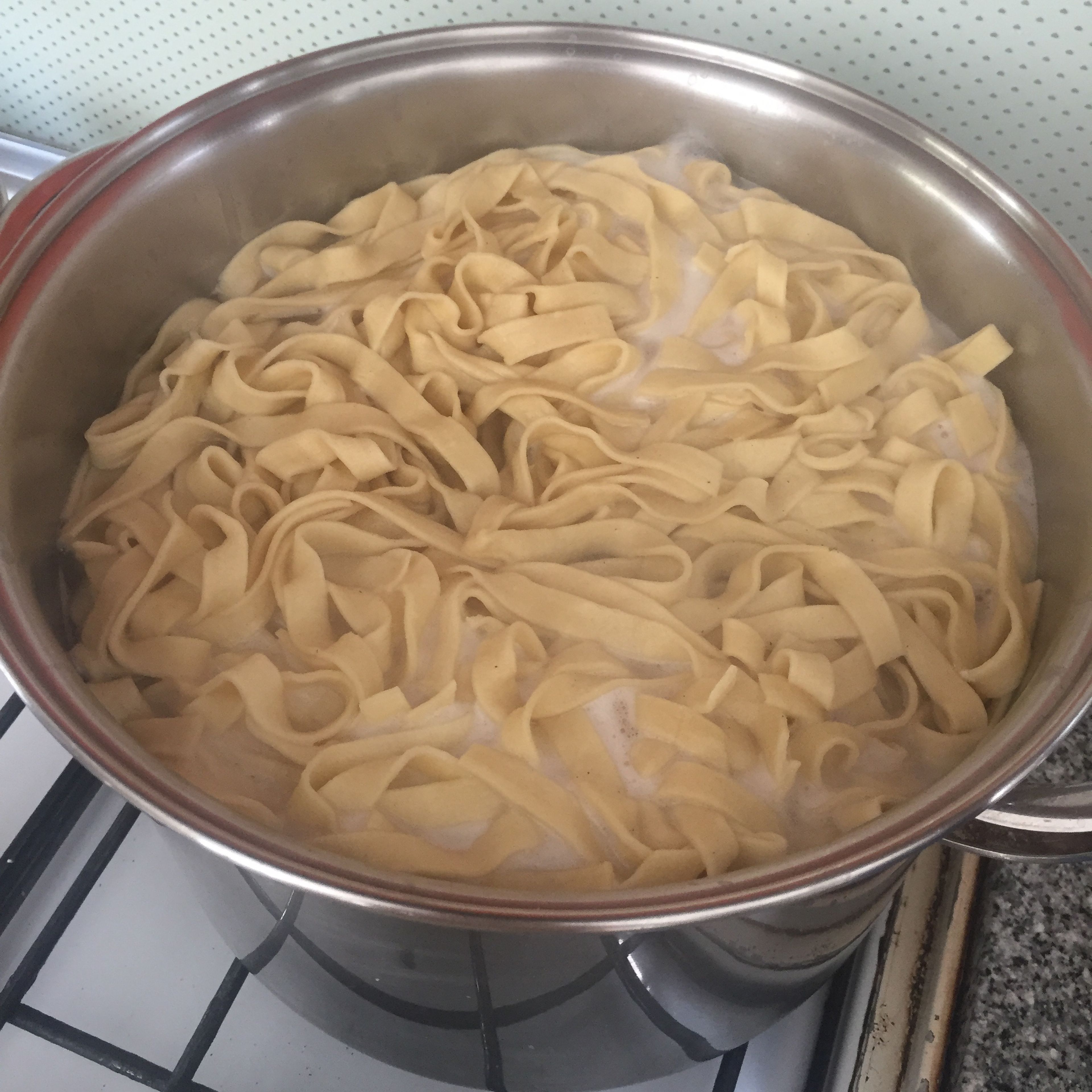 set water to boil, and season it with salt. Once it is boiling, add the pasta, and cook for 4-5 minutes. (fresh pasta cooks quicker since it doesn’t need to hydrate as well as cook)