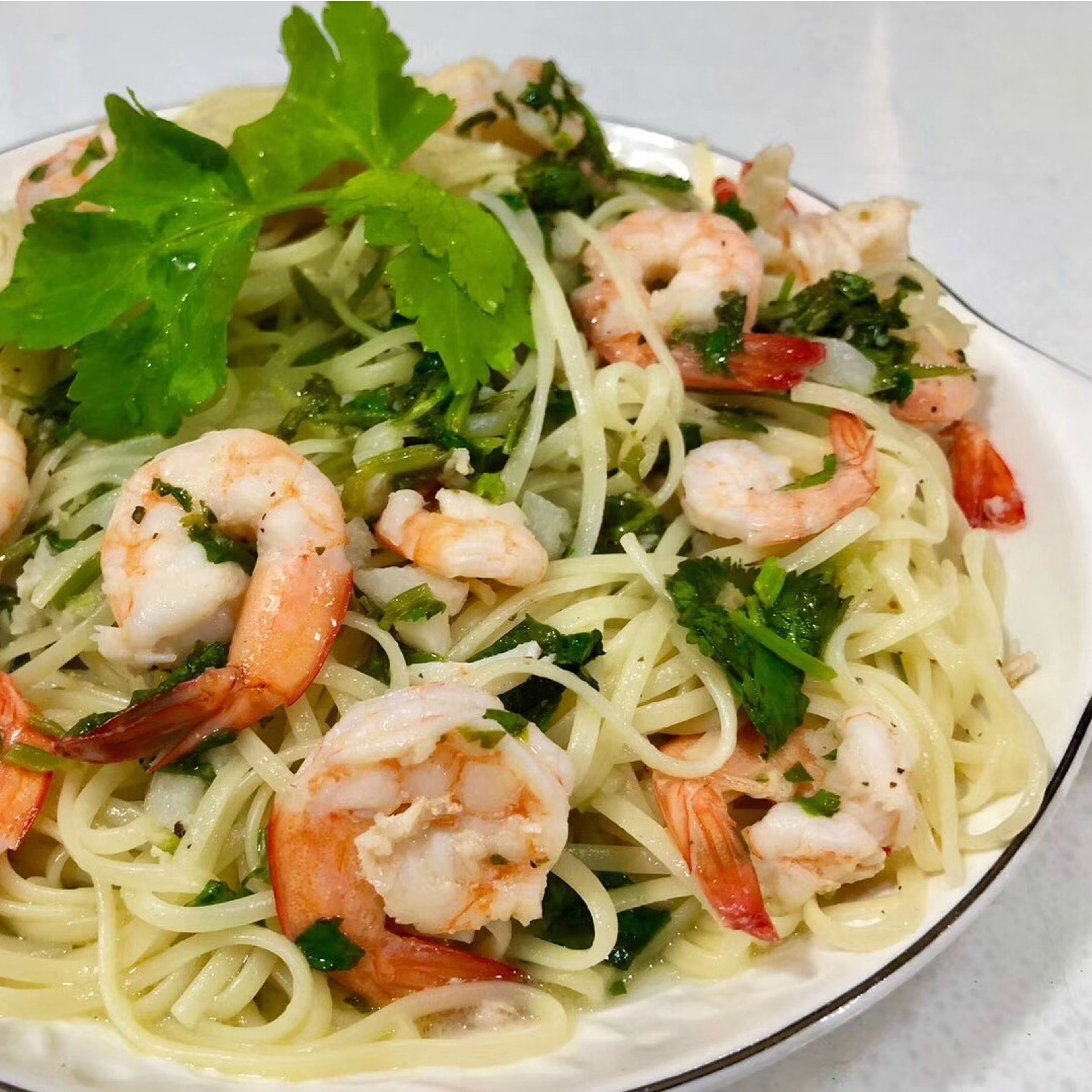 Angel hair pasta with shrimp in white wine sauce