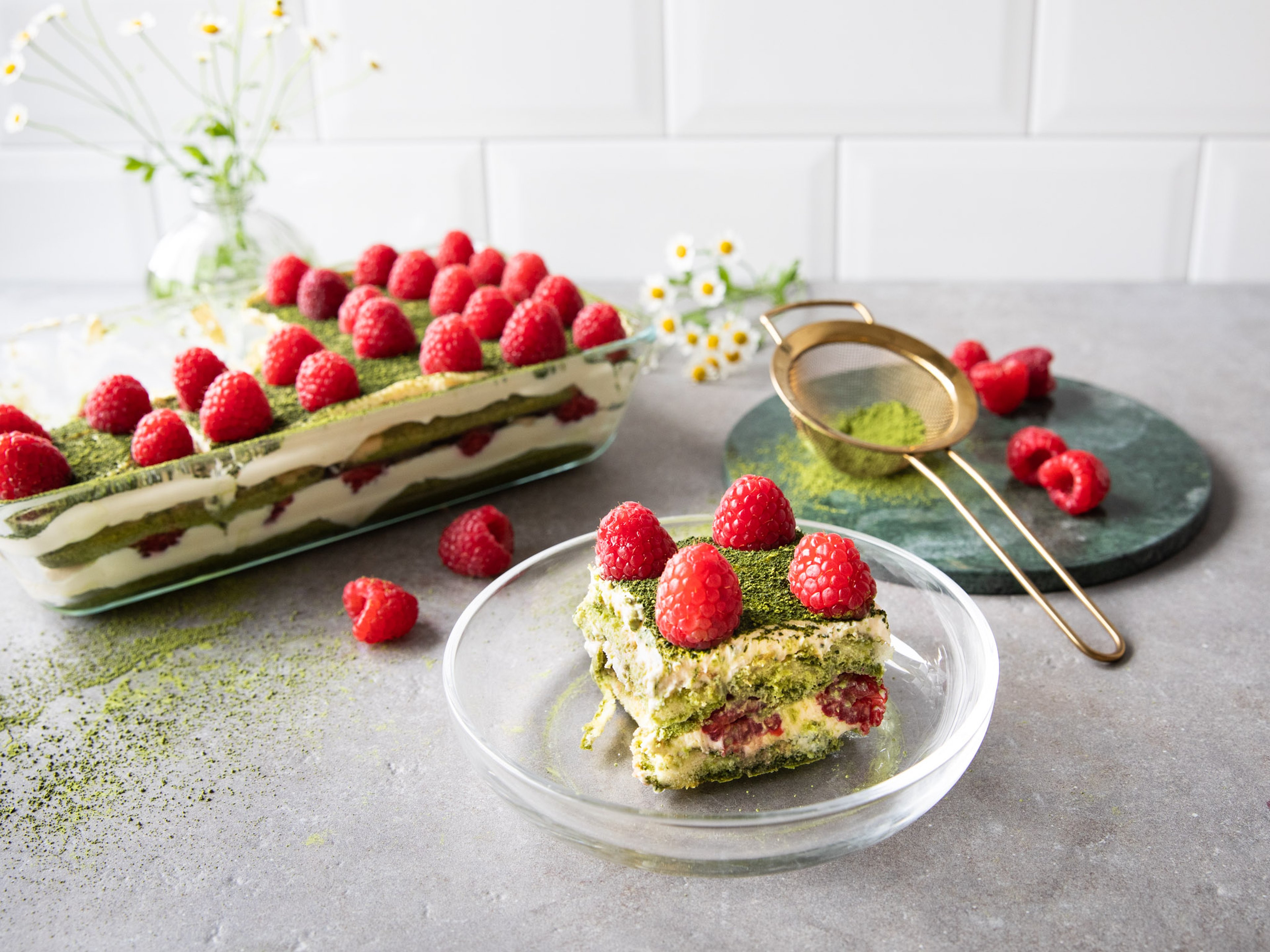 Matcha tiramisu with raspberries