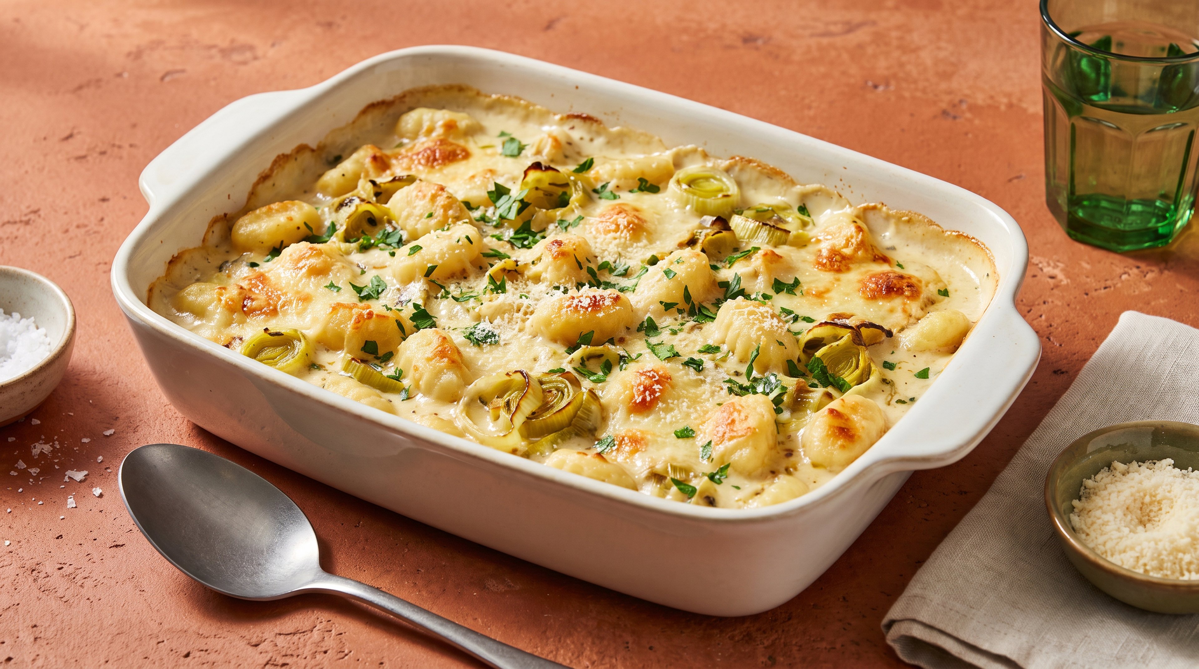 Unkompliziertes Ofengericht: Gnocchi-Auflauf mit geröstetem Lauch und cremiger Senfsoße