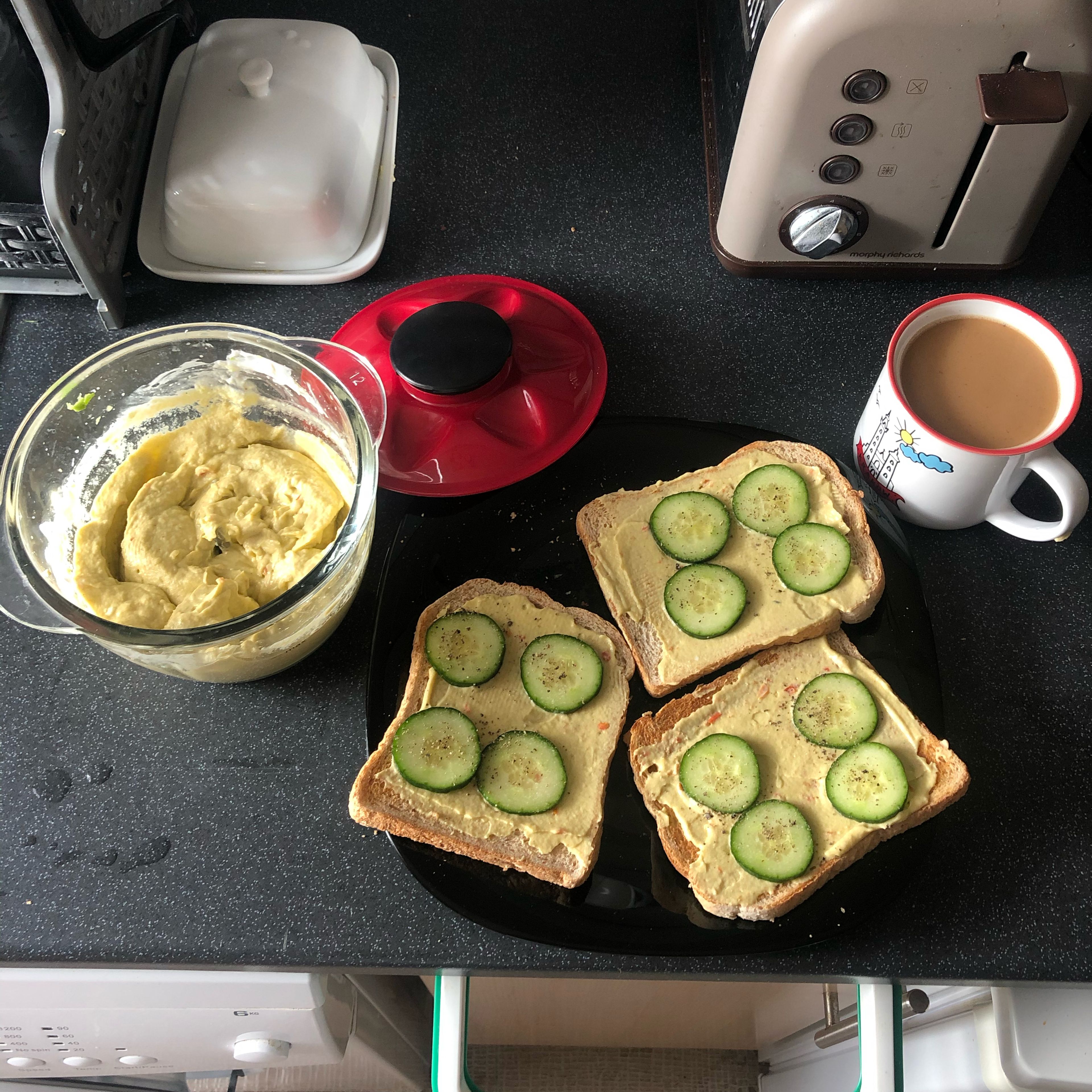 Spread over toasted bread, add cucumber, salt and pepper to taste. Serve with coffee for breakfast. 😋