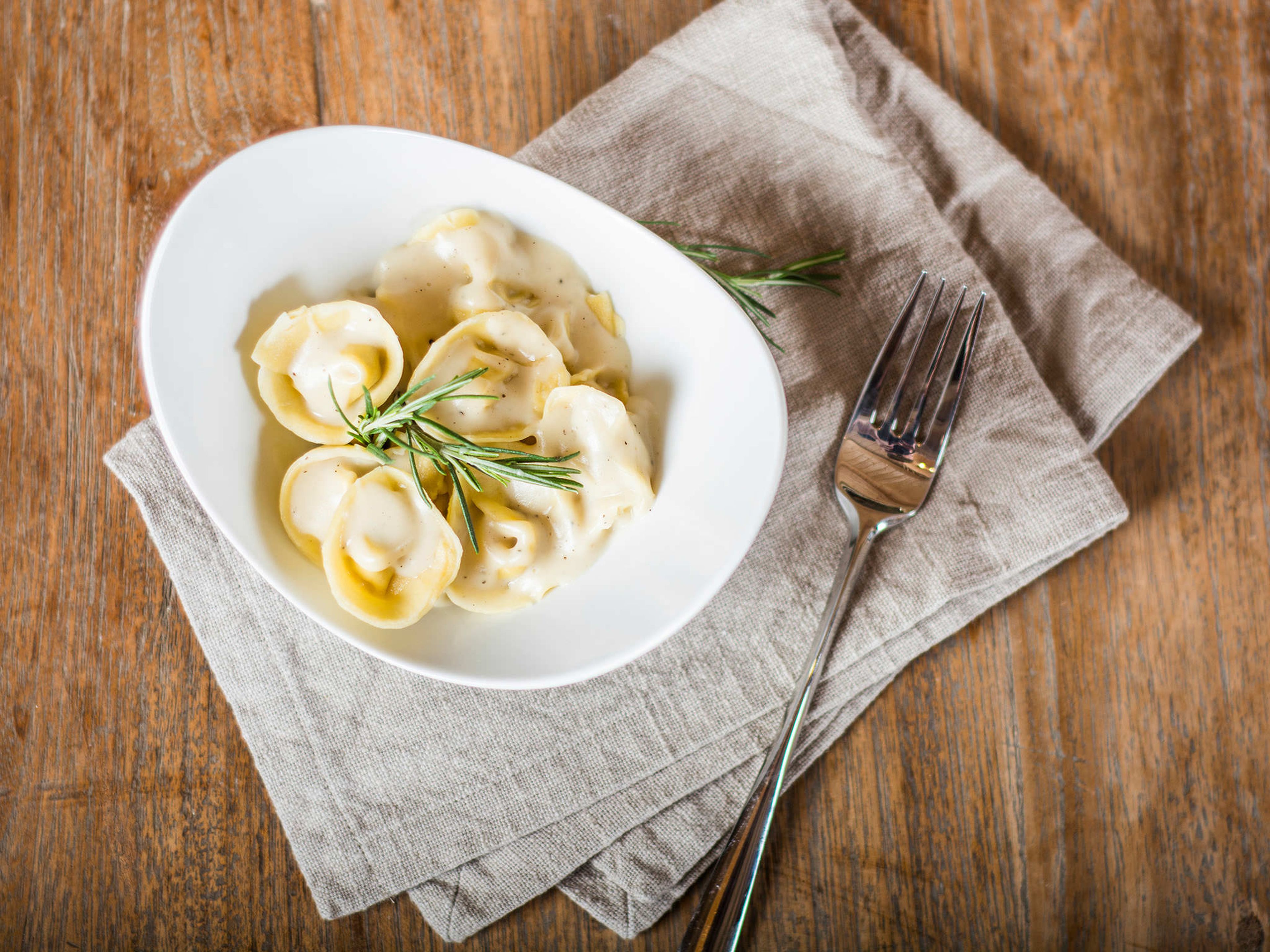 Homemade tortellini with mushroom and ricotta filling