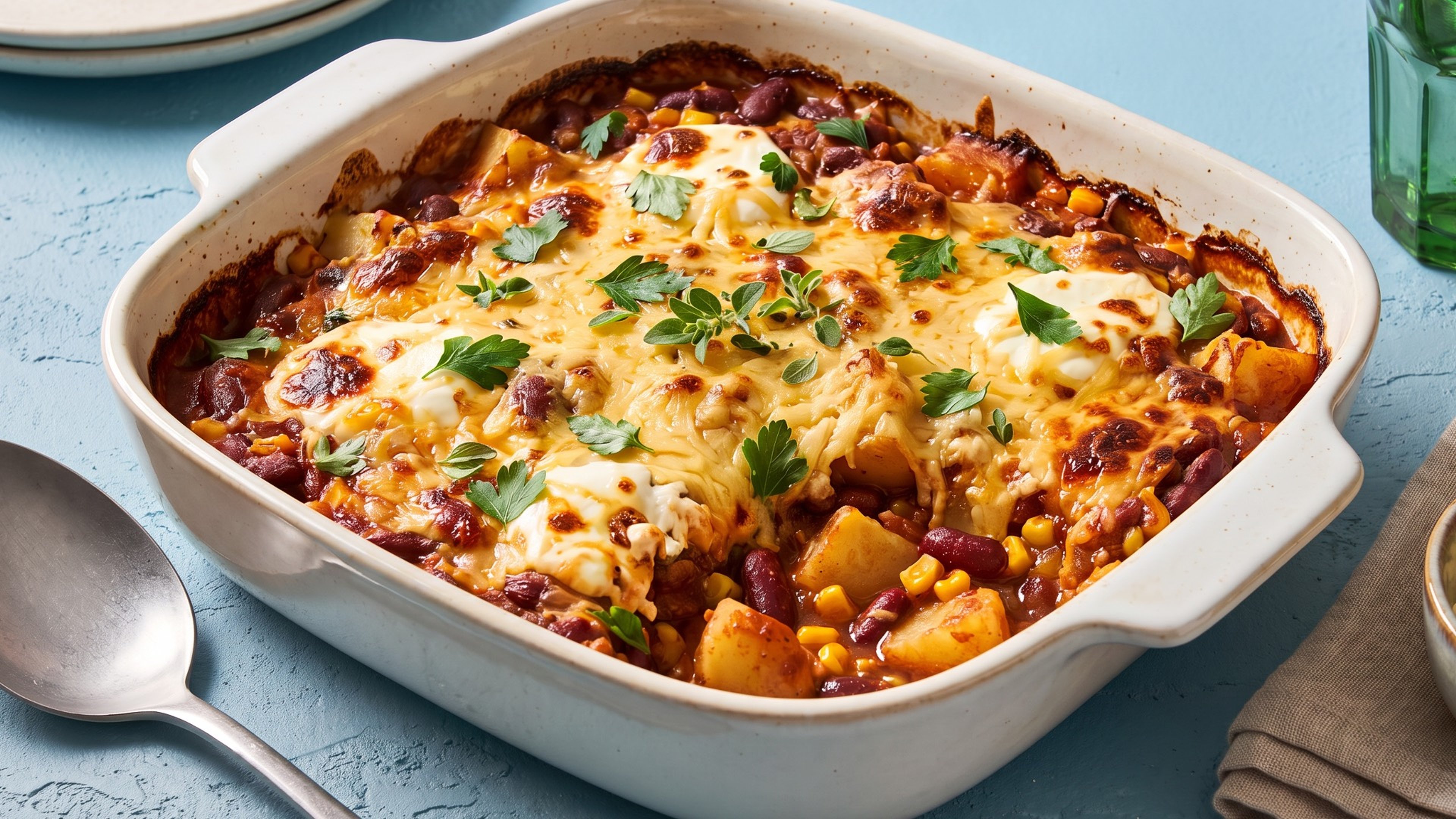 Herzhafter Chili-con-Carne-Auflauf mit Kartoffeln und Käsekruste