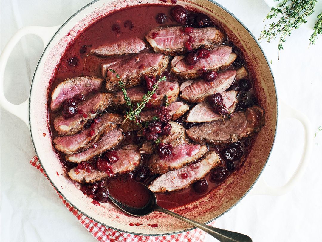 Seared duck breast with cherry-Port wine sauce