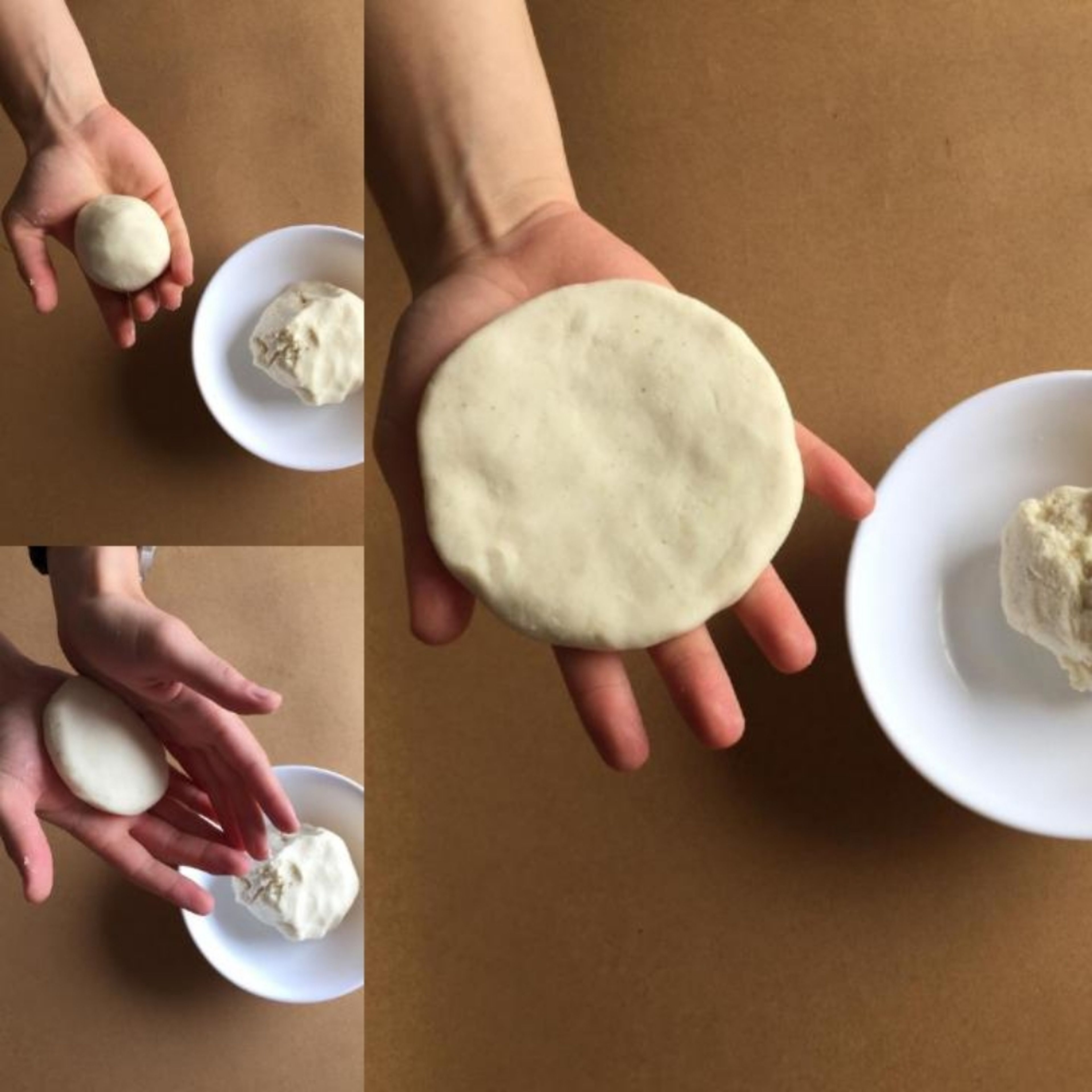 Divide dough into 3 pieces, To shape an arepa, roll the dough into a ball and then pat it, between your hands, into a disc. Press your thumbs around the outside of the disc to form a nice edge.