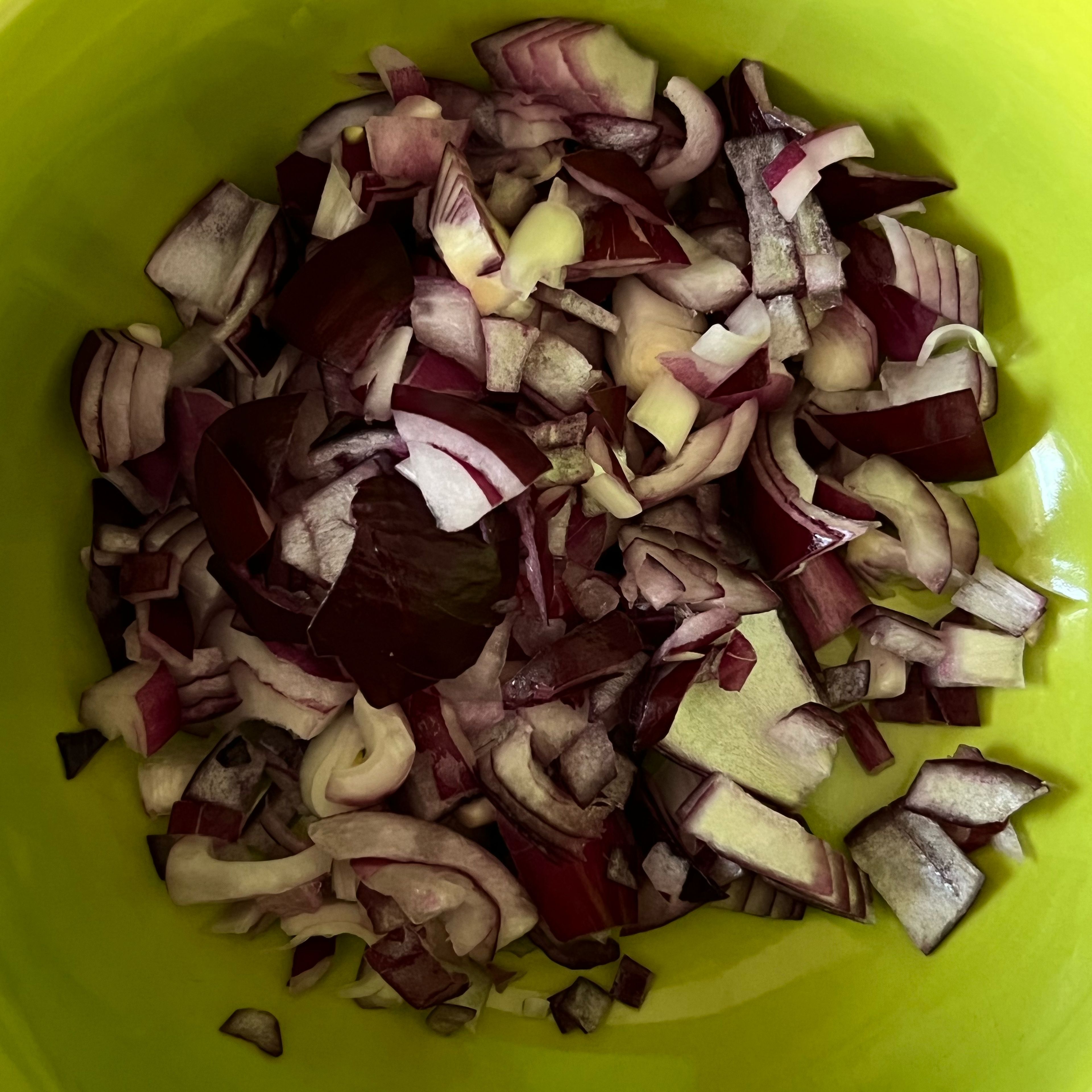 Cut your red onion into small pieces and put them in a bowl.