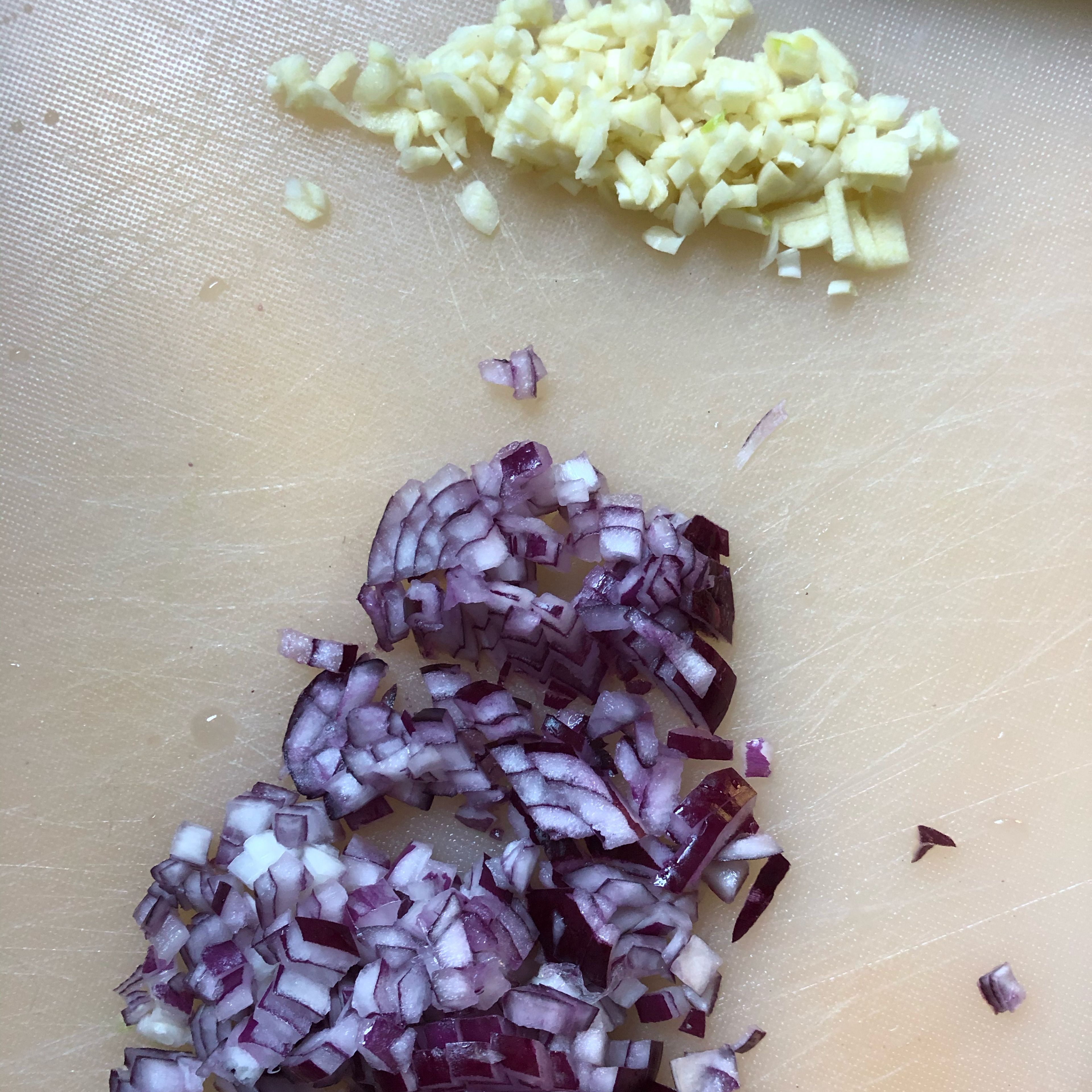 While sprouts are baking & pasta is cooking, cut onion and garlic