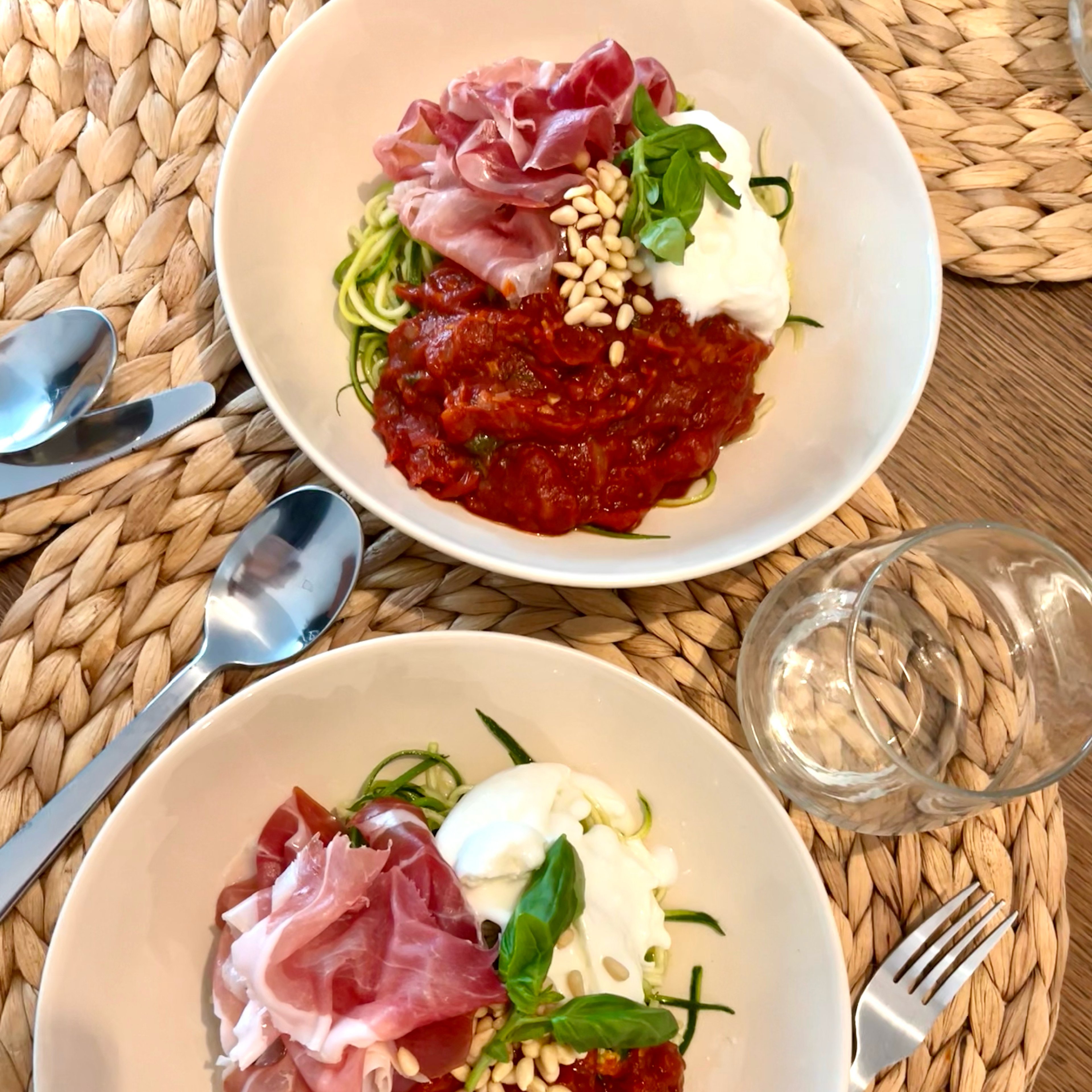 Courgetti with burrata, prosciutto and sundried tomato