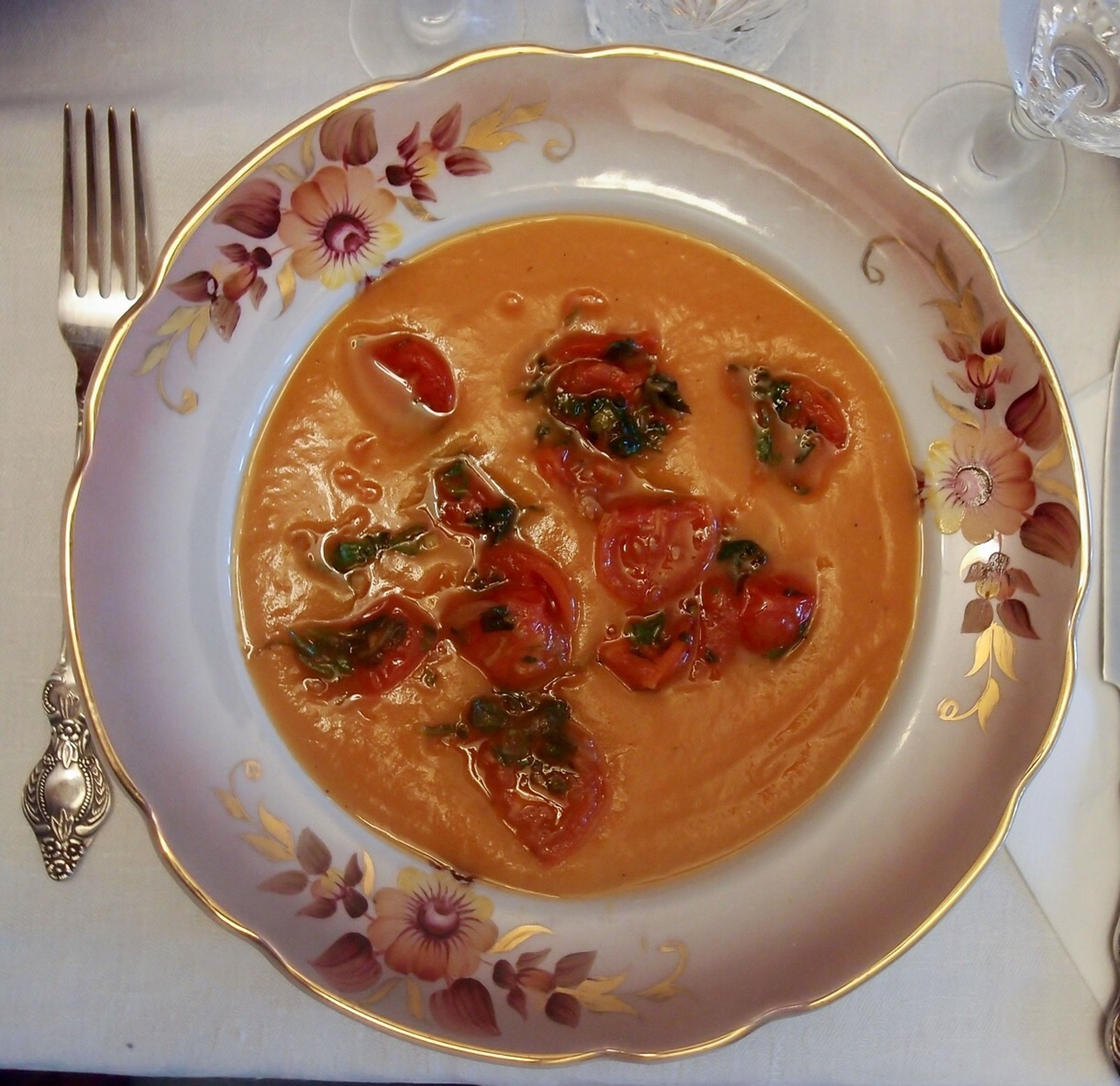 Sweet potato soup with chili tomatoes