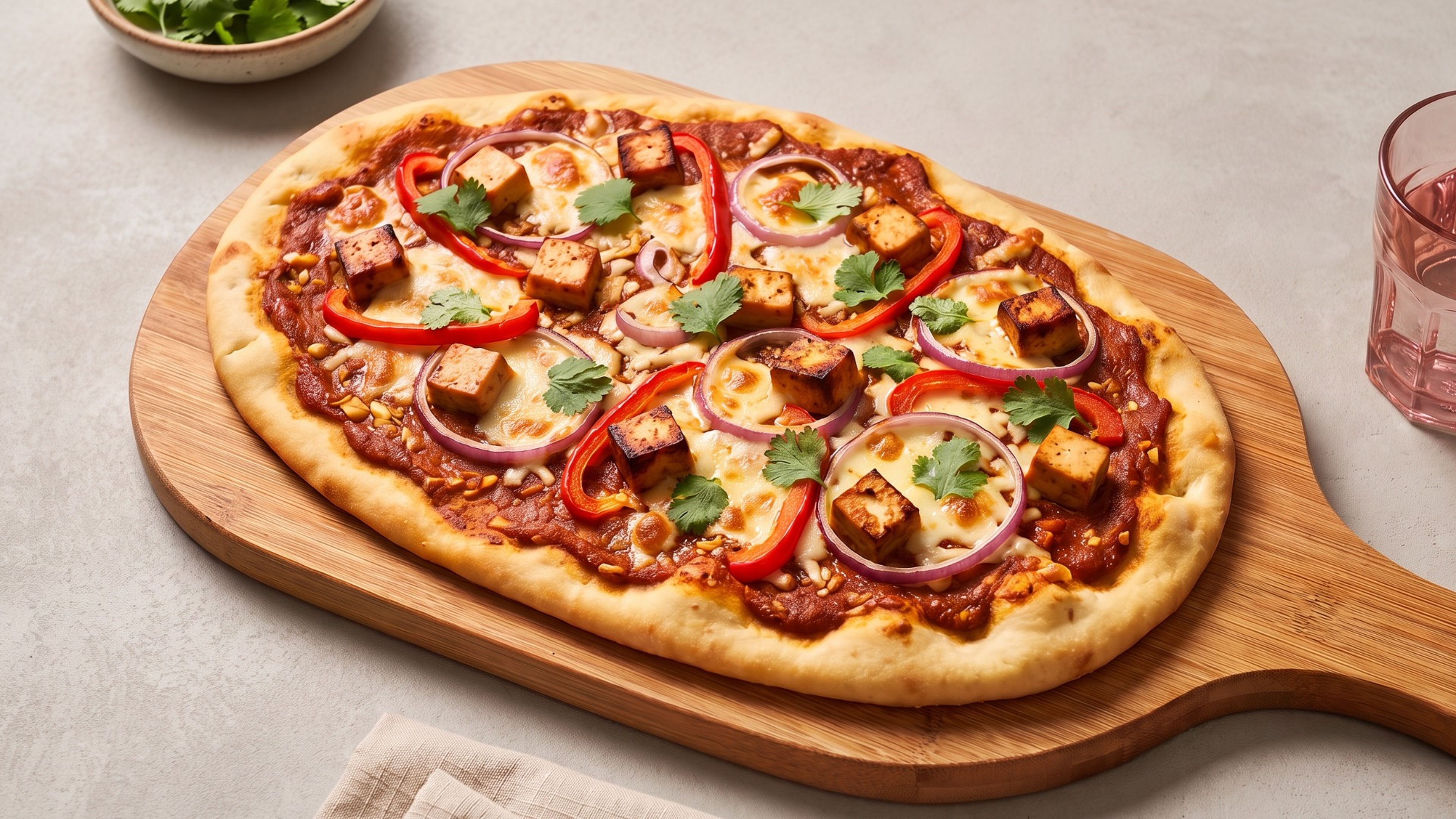 Schnelle Naan-Pizza mit Räuchertofu und indischen Aromen