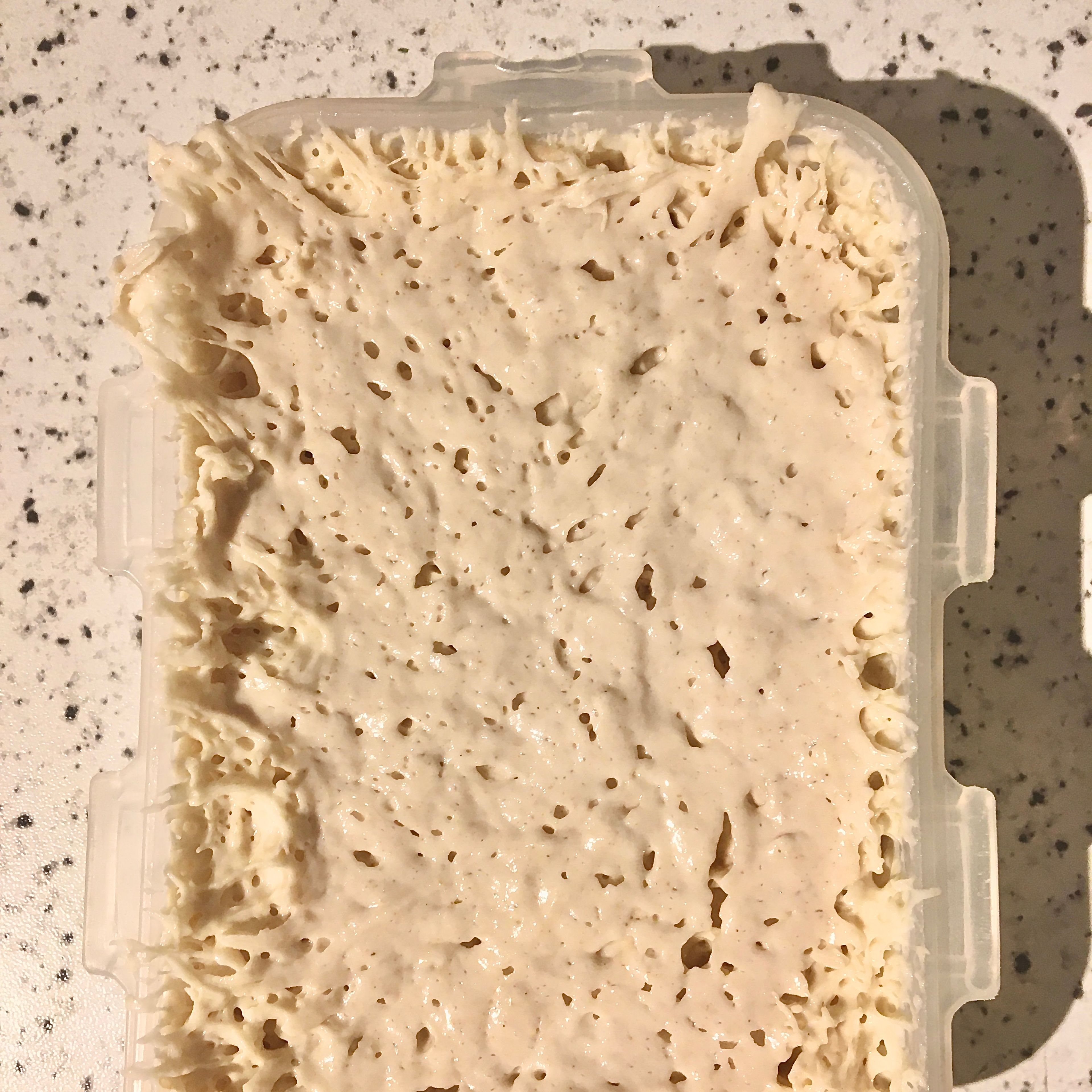 In a small bowl, mix together 140 g flour with yogurt, water, a very tiny pinch of yeast and a bit salt. Mix until a smooth dough forms. This is your starter that should rise in an airtight container until fizzy and smells bread-like sourness, 8-10 hours or up to one night.