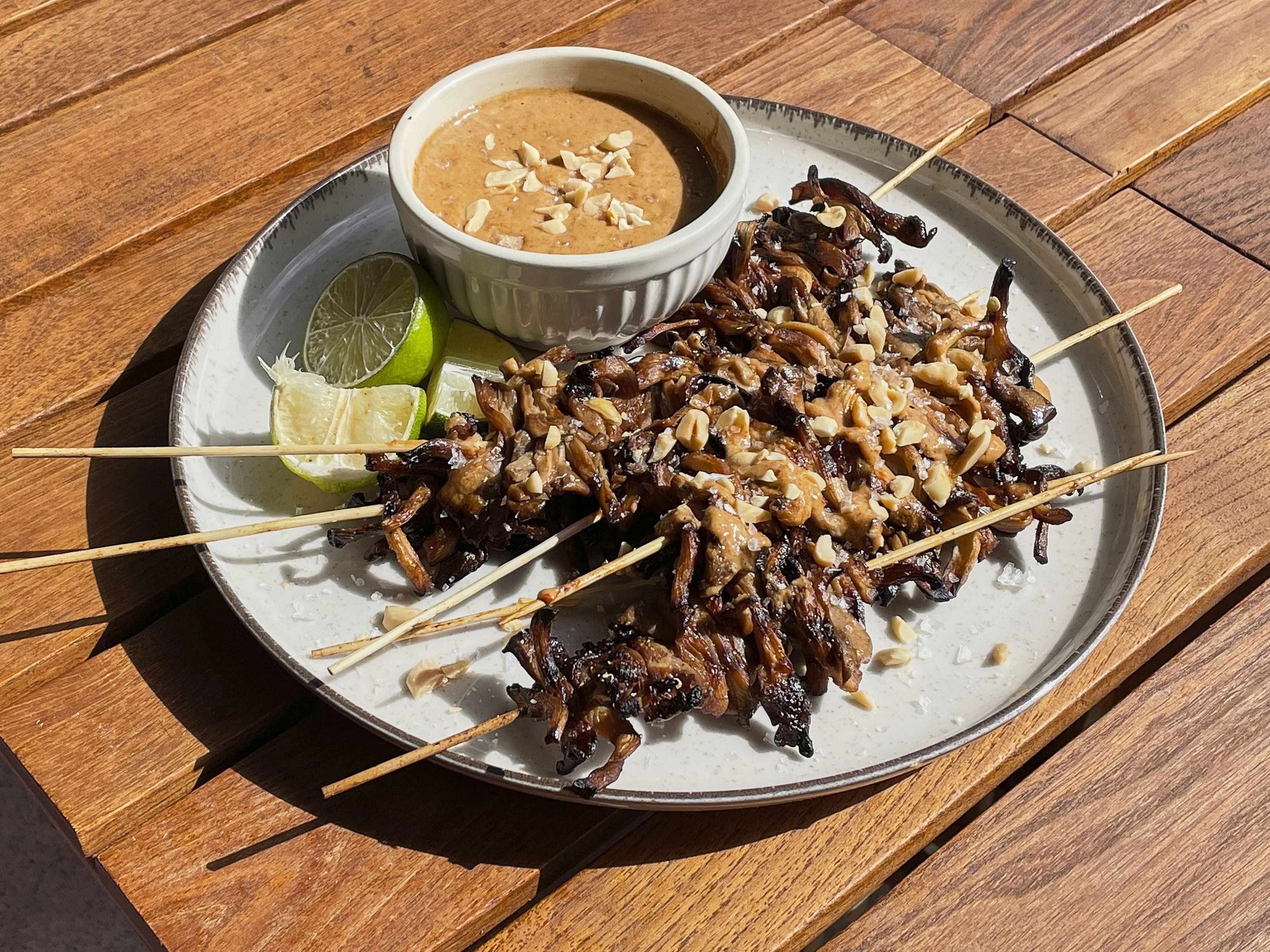 Oyster mushroom satay with spicy peanut sauce