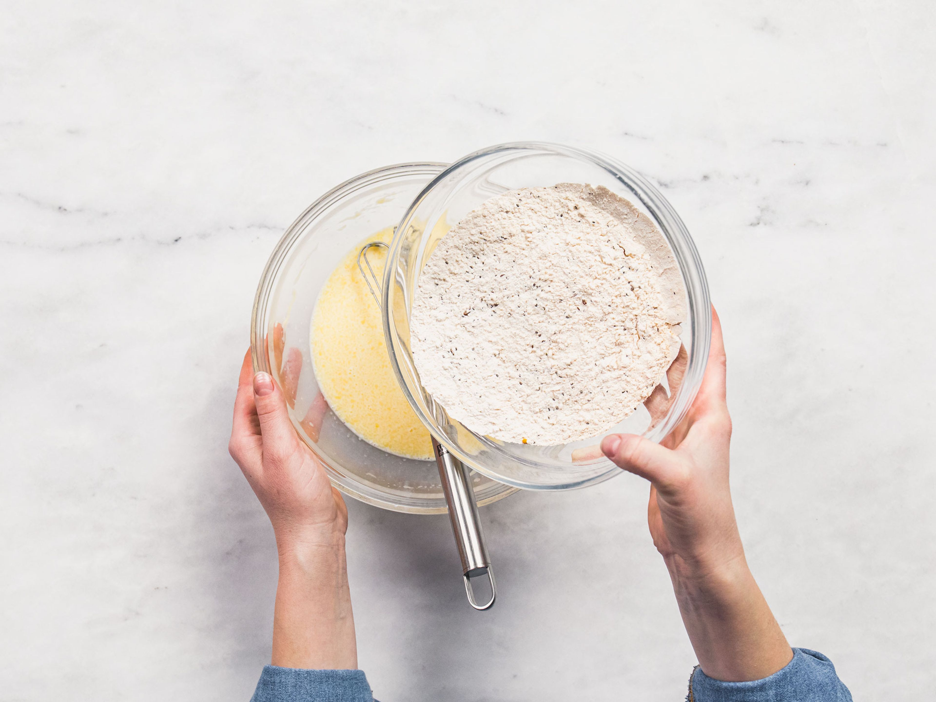 Whisk together flaxseeds, chia seeds, flour, baking powder, sugar, turmeric, and salt in a bowl. In a separate bowl, whisk together egg, milk, and melted butter. Add dry ingredients to wet ingredients and whisk to combine.