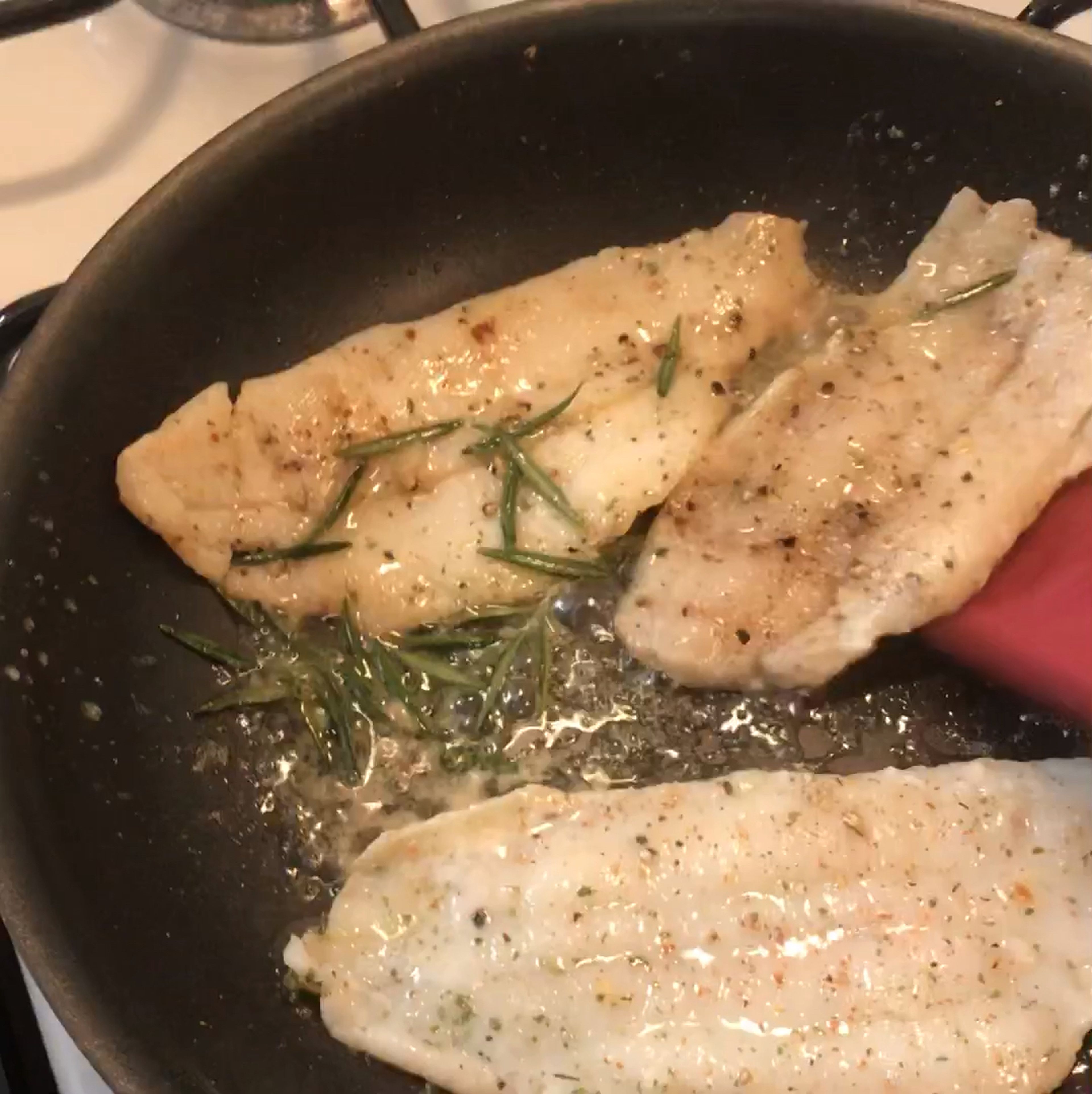 Pan-fry the fish: Melt butter in the pan with medium-low heat, add minced garlic, then cook white fish 2-3 min each side. Season with more freshly ground nutmeg and pepper. Tip: you know it’s time to flip when looking from the side 40% - half of the fish turns from translucent to white.