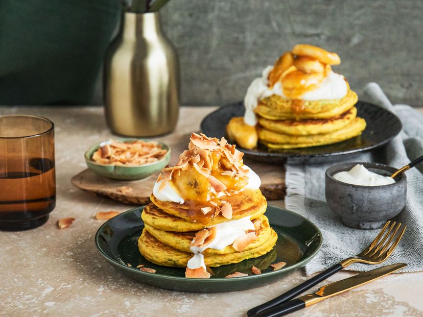 Golden flax and chia pancakes with caramelized bananas