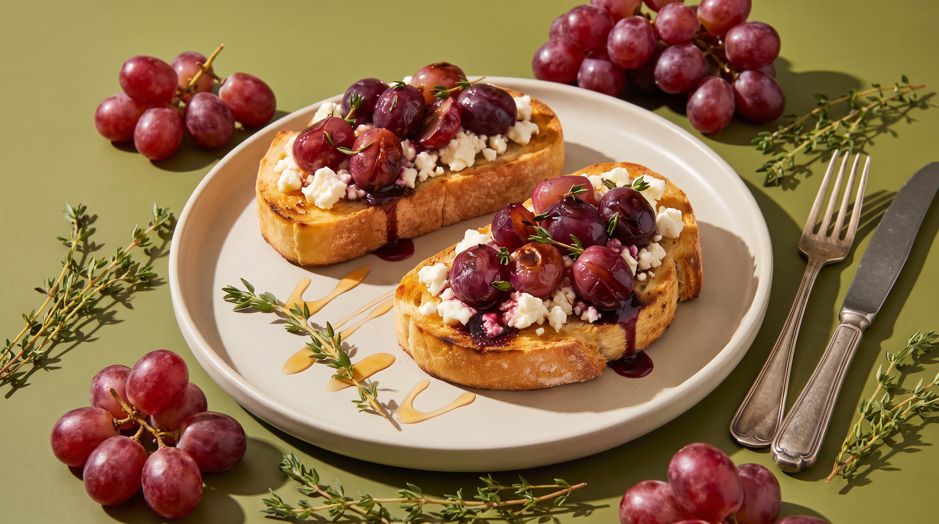 Feta-Trauben-Bruschetta mit Honig und Thymian